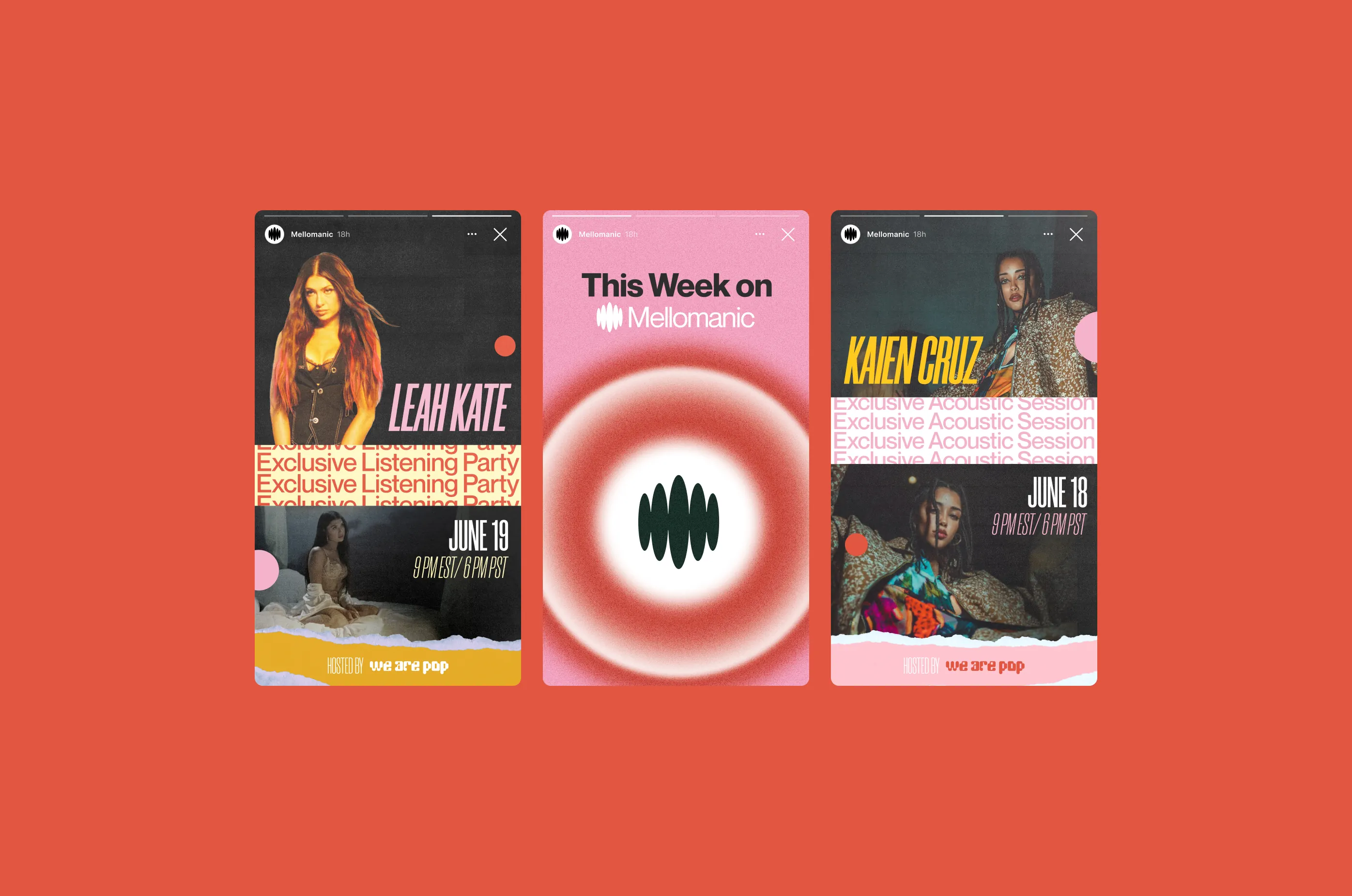 Mellomanic — Three Instagram slides promoting listening parties — Social media branding