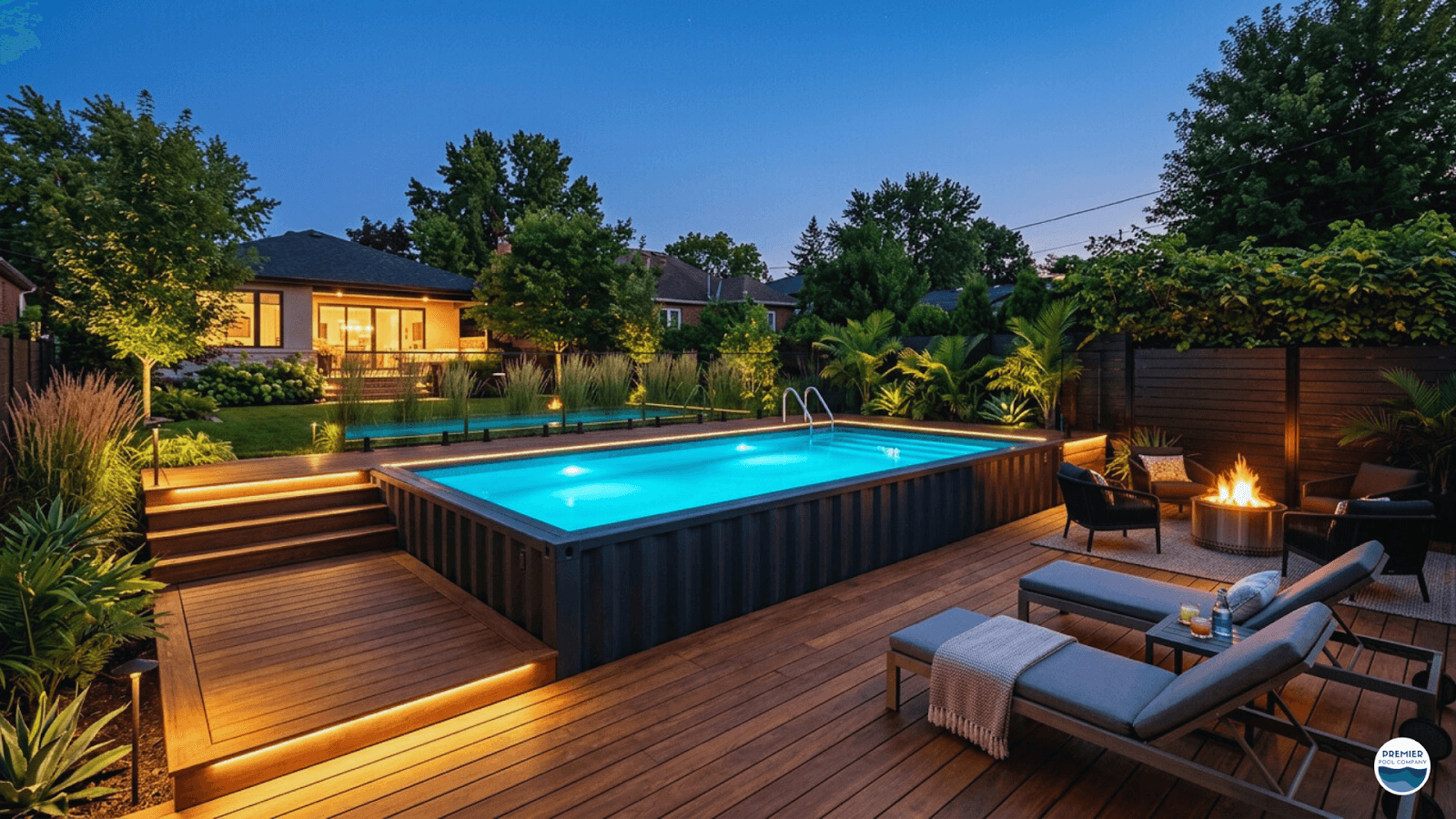 Shipping container pool installation in a modern backyard with composite deck and landscaping