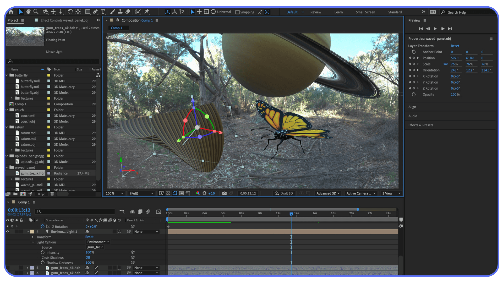 3D composition in Adobe After Effects featuring a butterfly and Saturn model in a forest scene