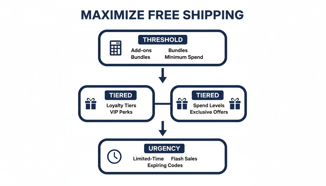 Flowchart illustrating strategies to maximize free shipping, including threshold, tiered, and urgency tactics.