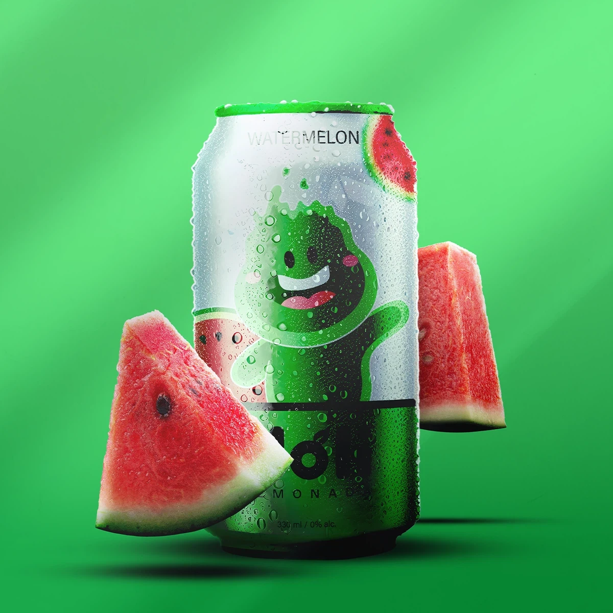 Watermelon flavored soda can with cartoon character and fresh watermelon slices on green background naturally.