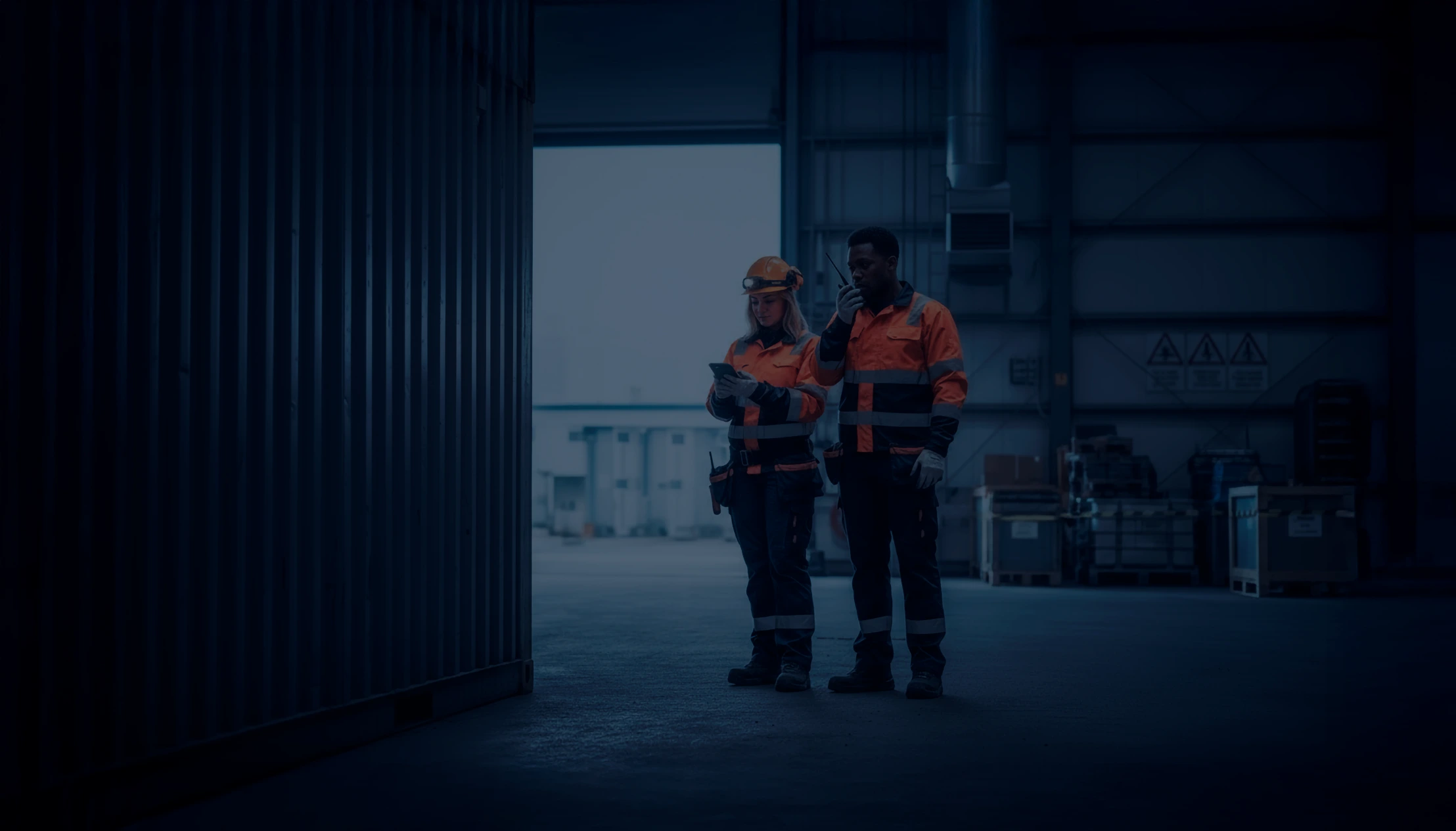 Two industrial workers in high-visibility gear standing inside a warehouse, with one using a radio and the other checking a tablet during a night shift inspection.