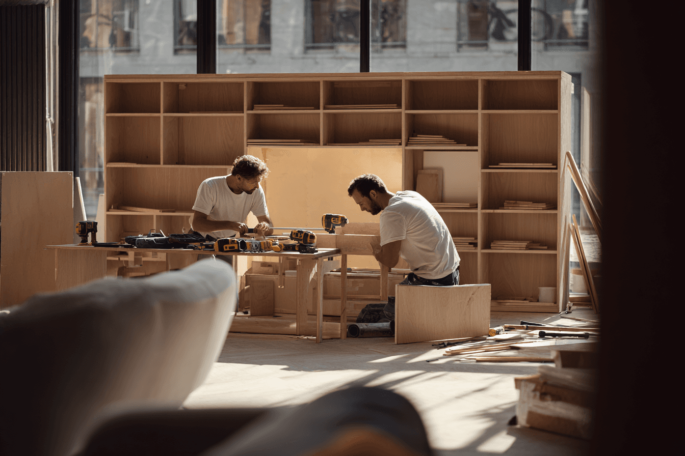 a man standing in front of a display of wooden doors