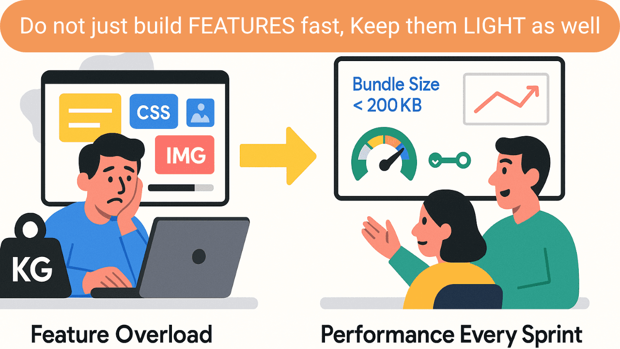 Developer overwhelmed by “feature overload” contrasted with a team reviewing bundle size and performance metrics each sprint.