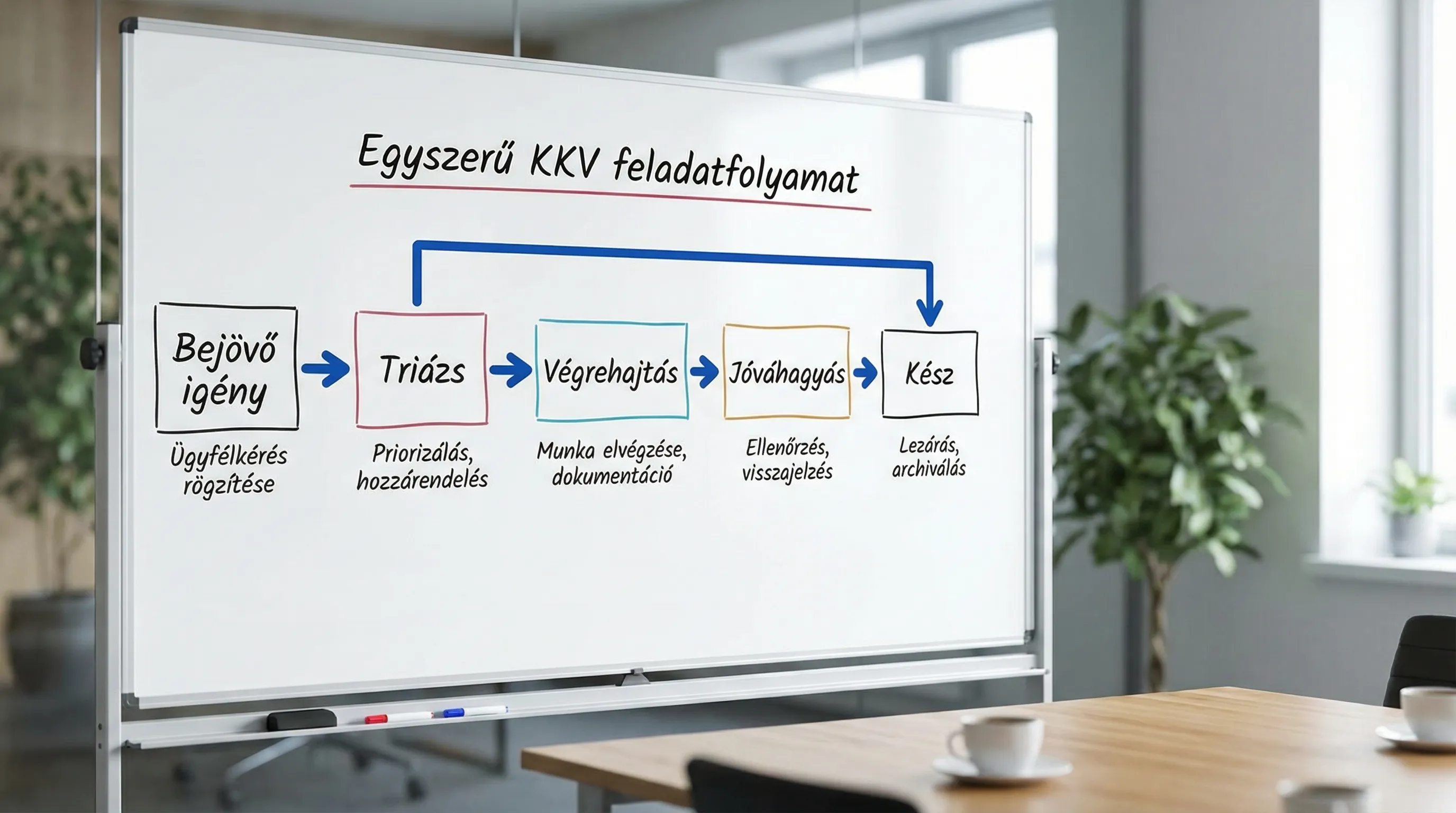 Egyszerű KKV feladatfolyamat: Bejövő igény -> Triázs -> Végrehajtás -> Jóváhagyás -> Kész. A diagram öt dobozból áll, nyilakkal összekötve, és minden doboz alatt rövid magyarázó címke látható.