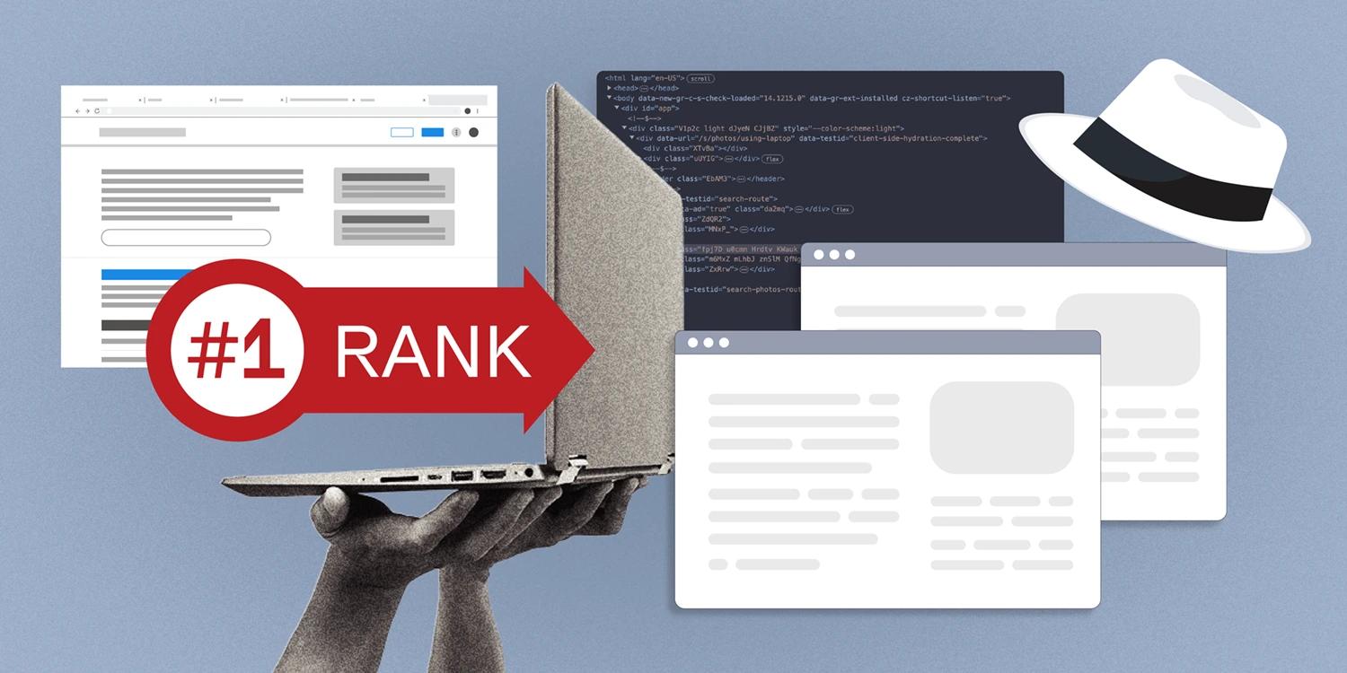 A graphic with a laptop and white hat nearby with the words "#1 rank" pointing to web browser windows.