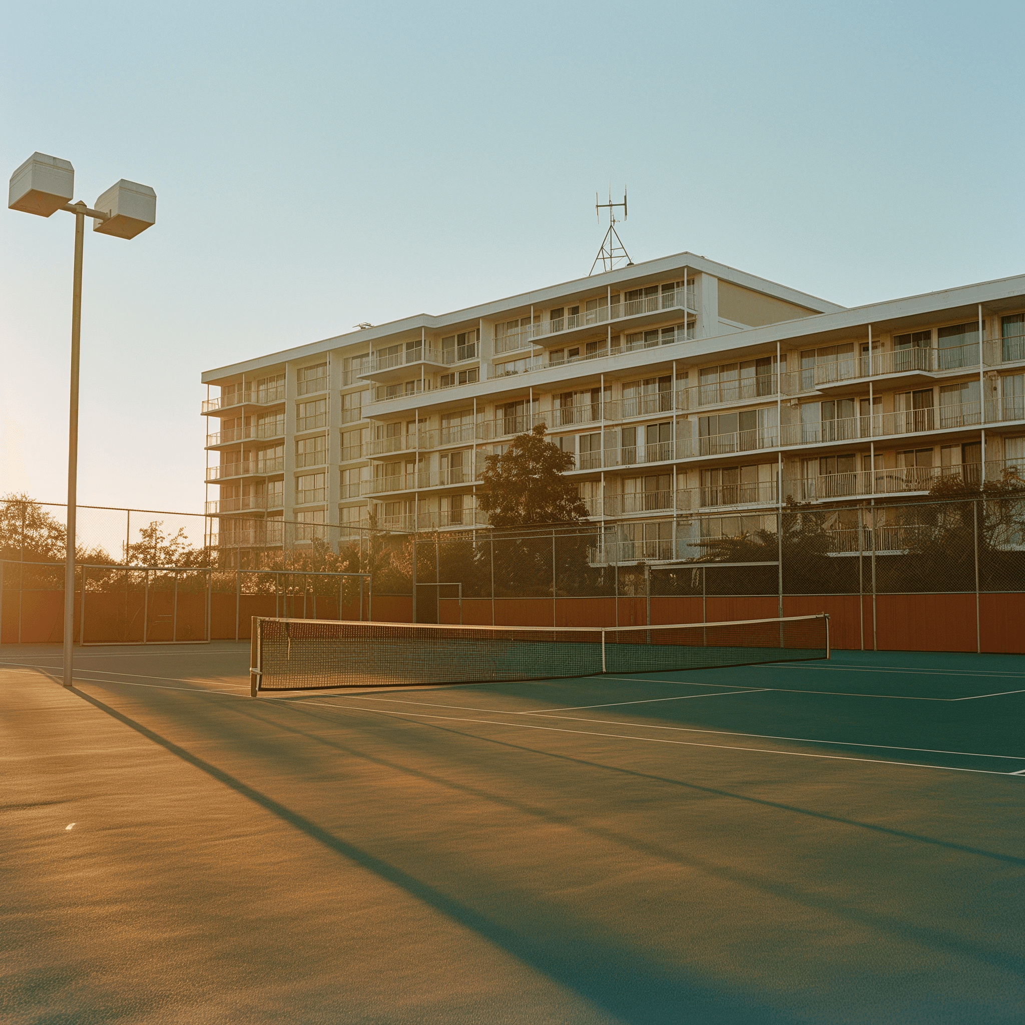 A tennis court with an empty space and a building in the background, illuminated by warm sunlight.