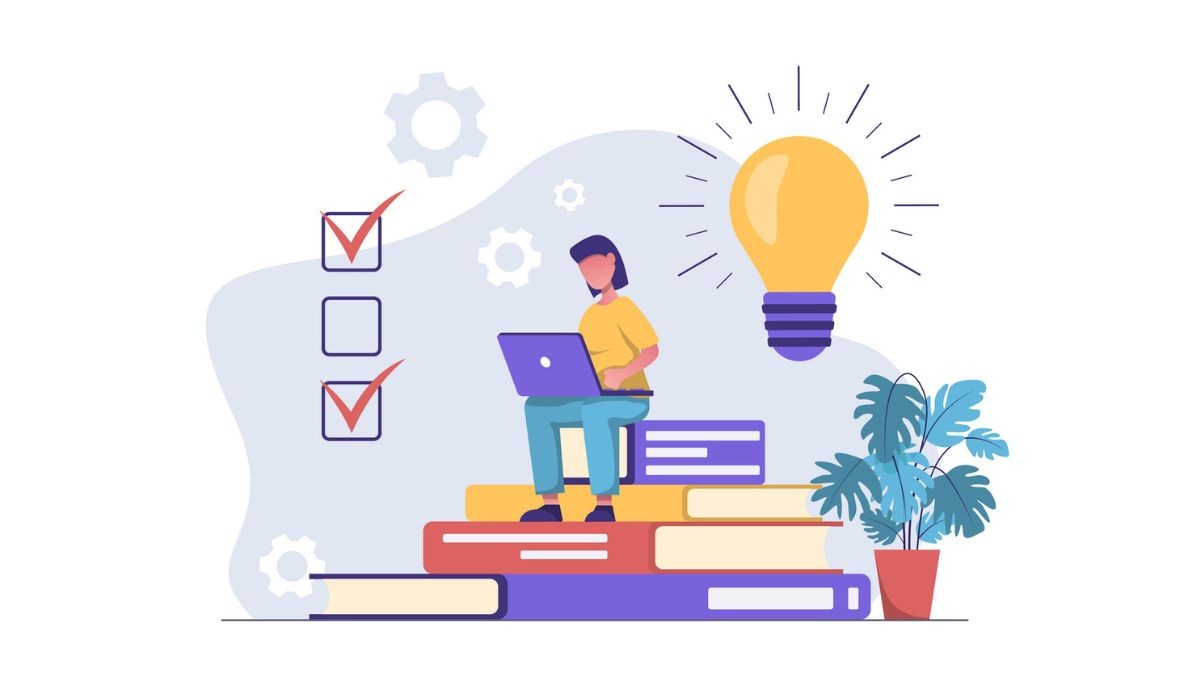Illustration of a person using a laptop while sitting on stacked books, surrounded by checkmarks, gears, and a glowing light bulb.