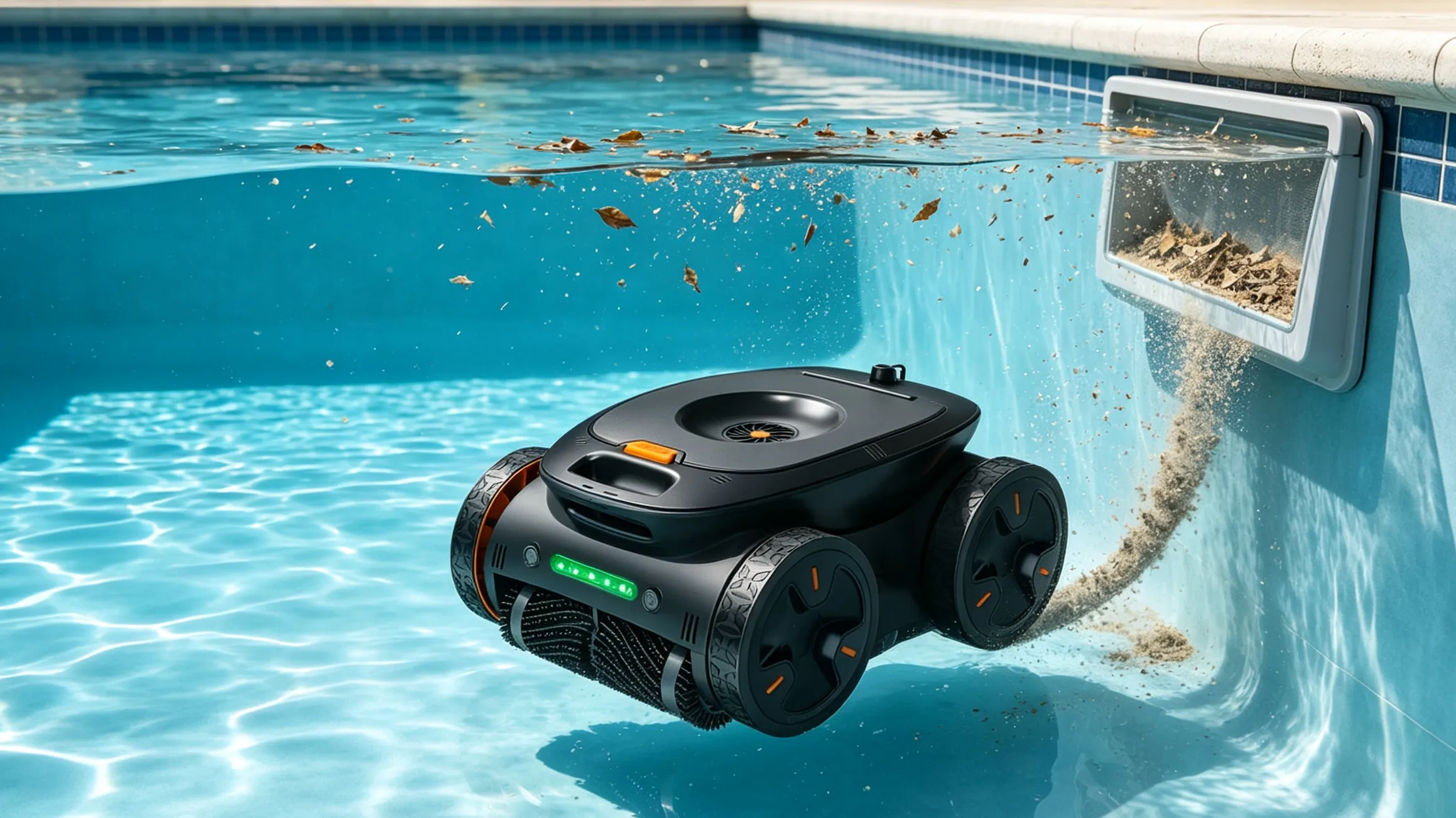 Comparison of pool skimmer surface cleaning and robotic pool cleaner floor and wall coverage