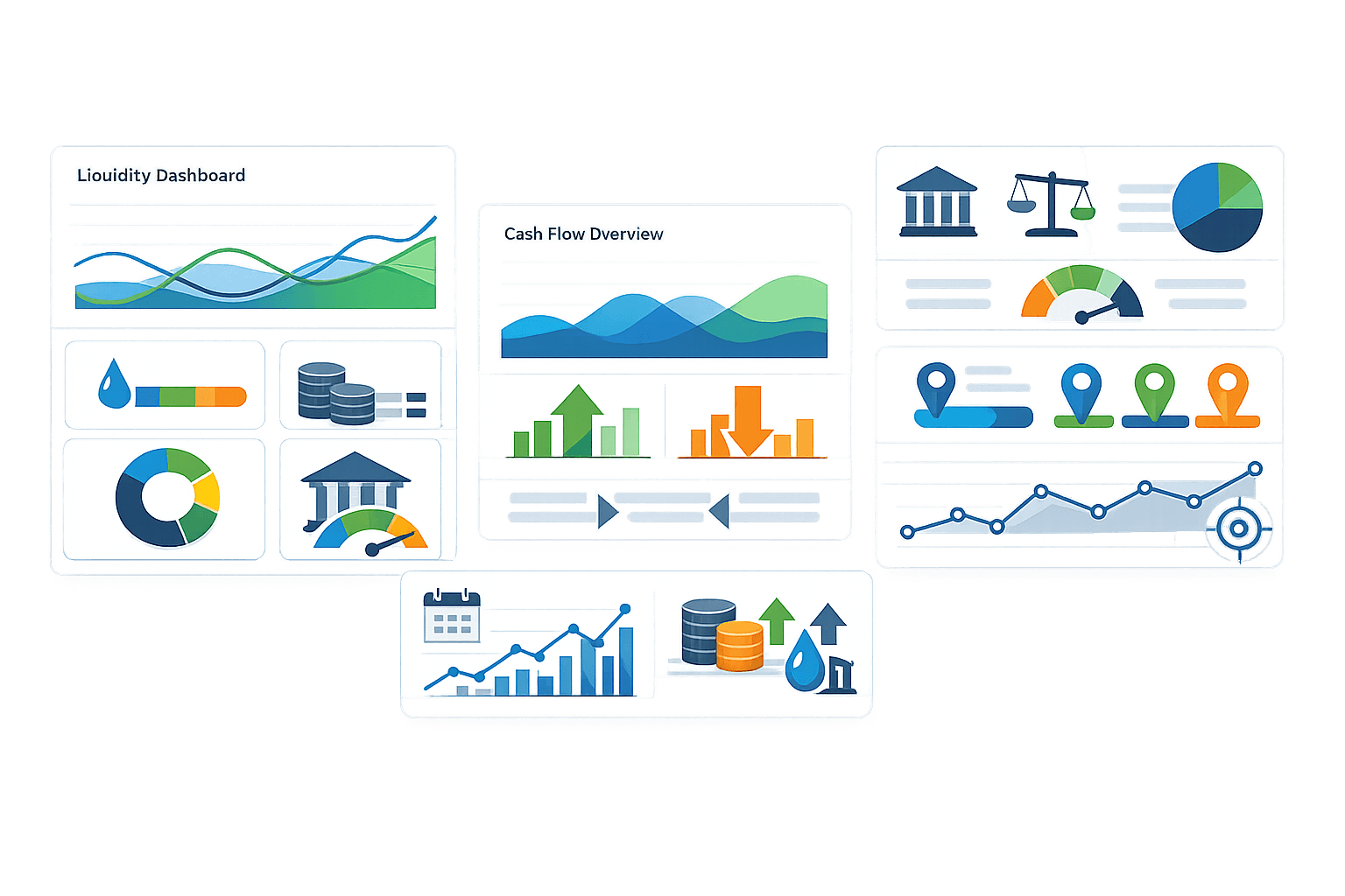 Ilustrasi liquidity, cash flow, dan financial performance dashboard terintegrasi. Tampilan terdiri dari beberapa panel: Liquidity Dashboard dengan grafik area berlapis dan indikator likuiditas, Cash Flow Overview dengan grafik arus masuk–keluar (panah naik dan turun), serta panel analitik berisi metrik institusi dan kepatuhan (ikon gedung dan timbangan), gauge kinerja, pie chart, penanda lokasi, dan grafik tren waktu. Di bagian bawah terdapat ringkasan periodik dengan kalender, pertumbuhan metrik, aset/kas, dan indikator utilitas, menggambarkan pemantauan keuangan end‑to‑end berbasis data.