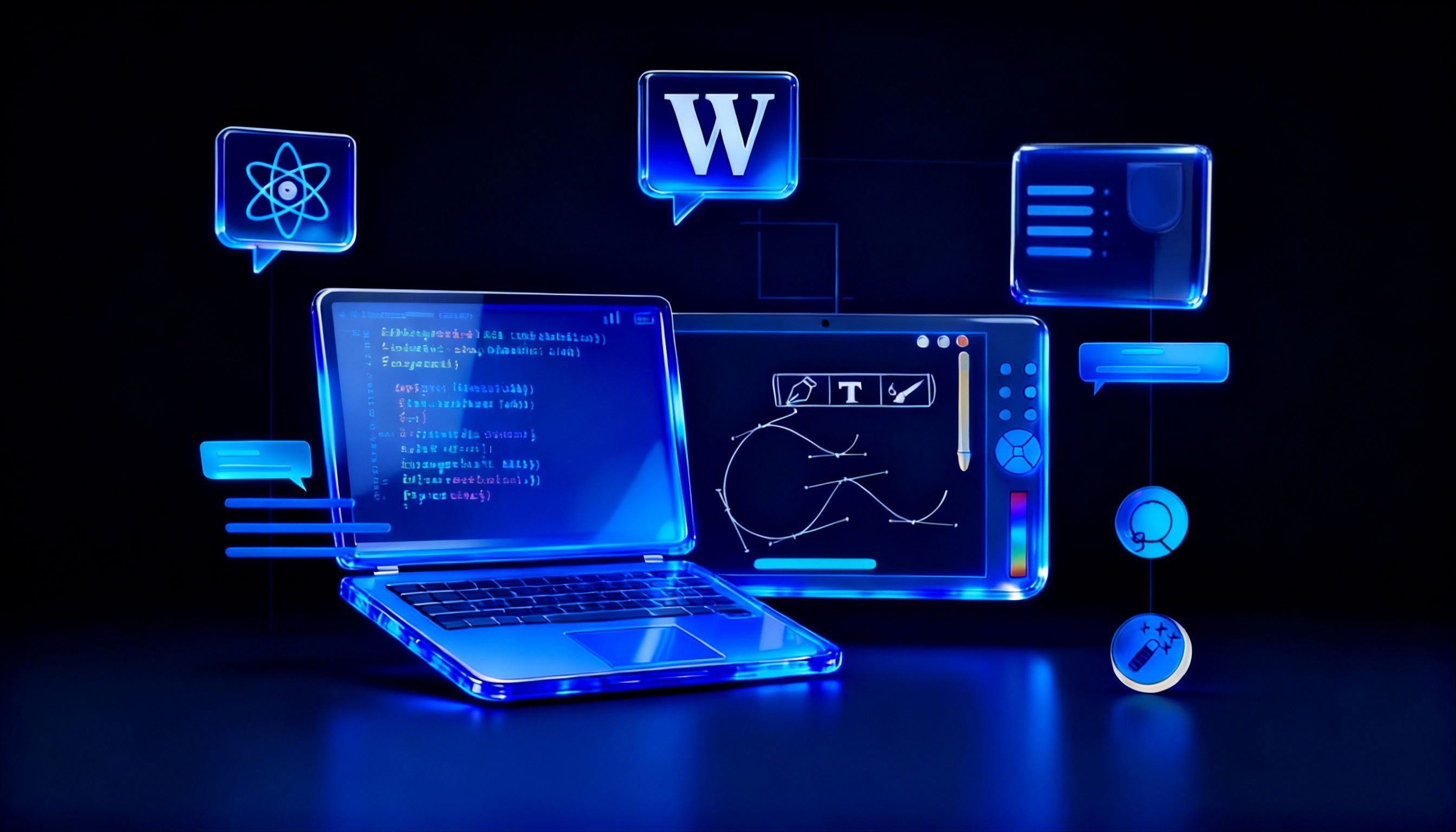 3D illustration showcasing development on a laptop in one half of the screen and web design in the other within a tablet