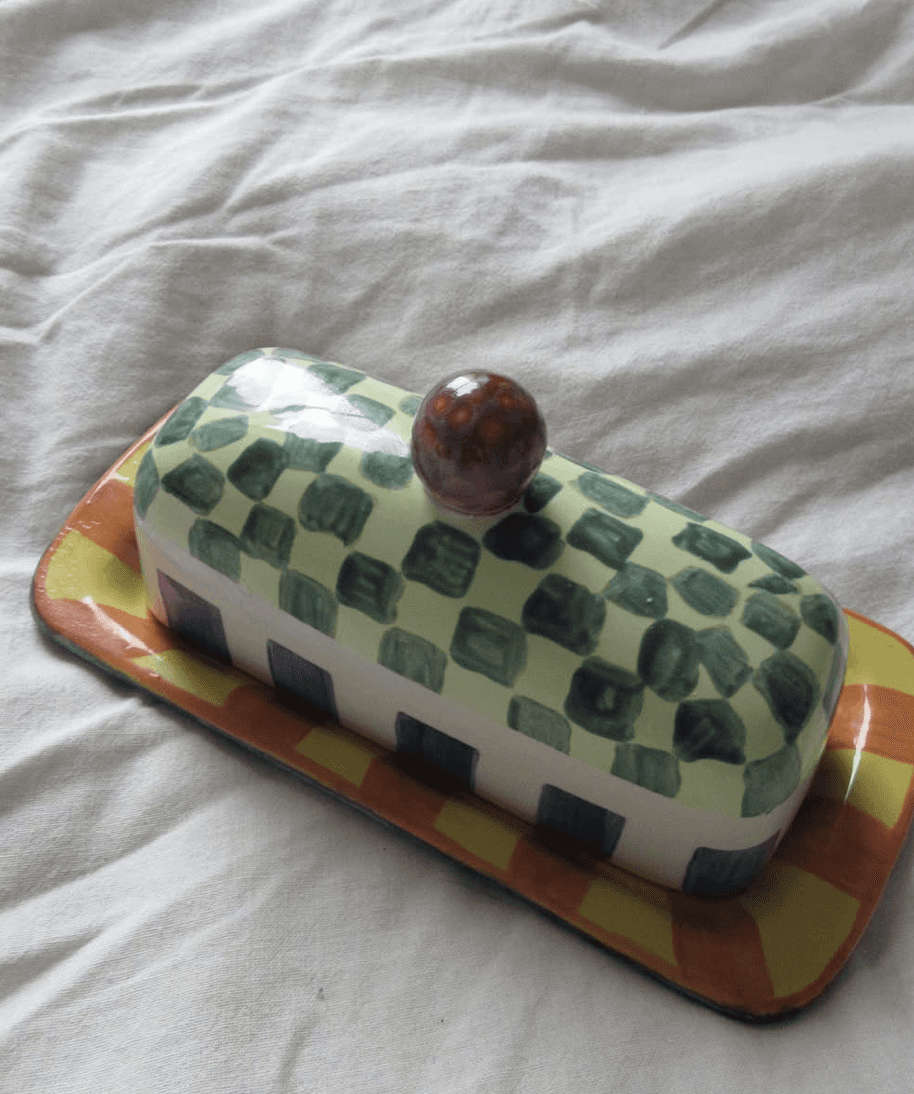 Checkered ceramic butter dish