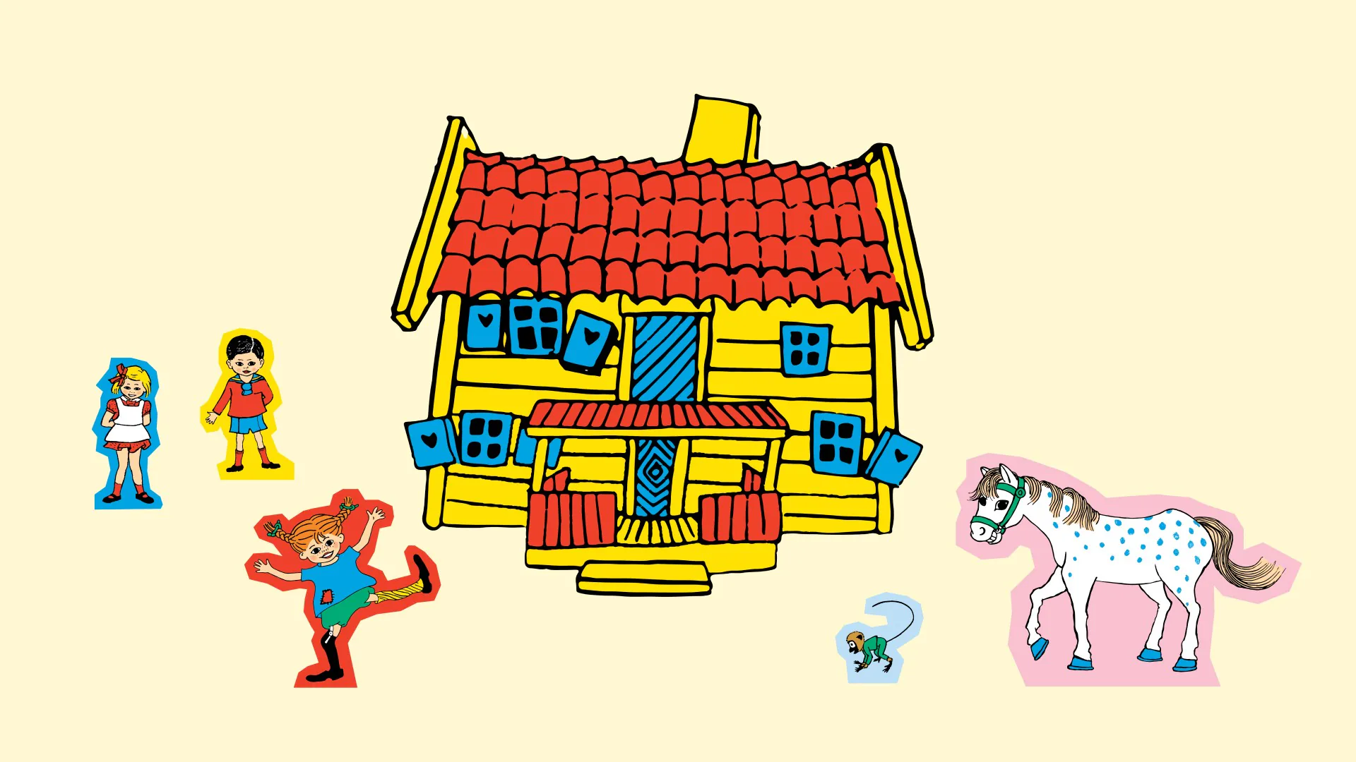 Illustration av Villa Villekulla med Pippi, Tommy, Annika, Lilla Gubben och Herr Nilsson