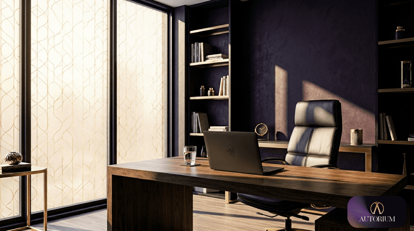 Ufficio profesisonale con scrivania in legno, sedia di pelle, finestre grandi illuminate, parete viola scuro, libreria e computer portatile sulla scrivania.