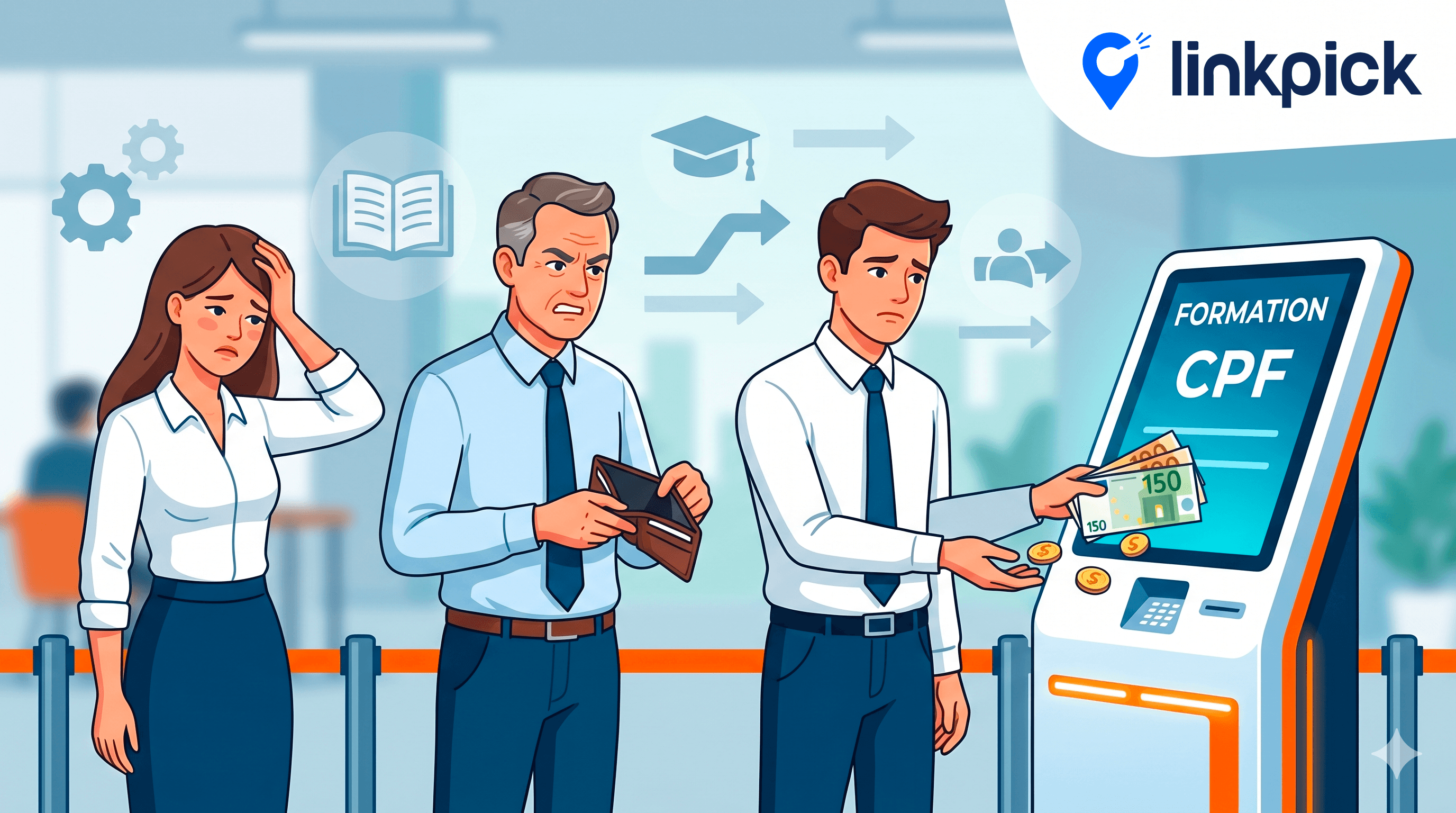 Illustration Linkpick montrant des salariés mécontents devant payer le reste à charge CPF de 150 euros pour leur formation professionnelle en 2026.