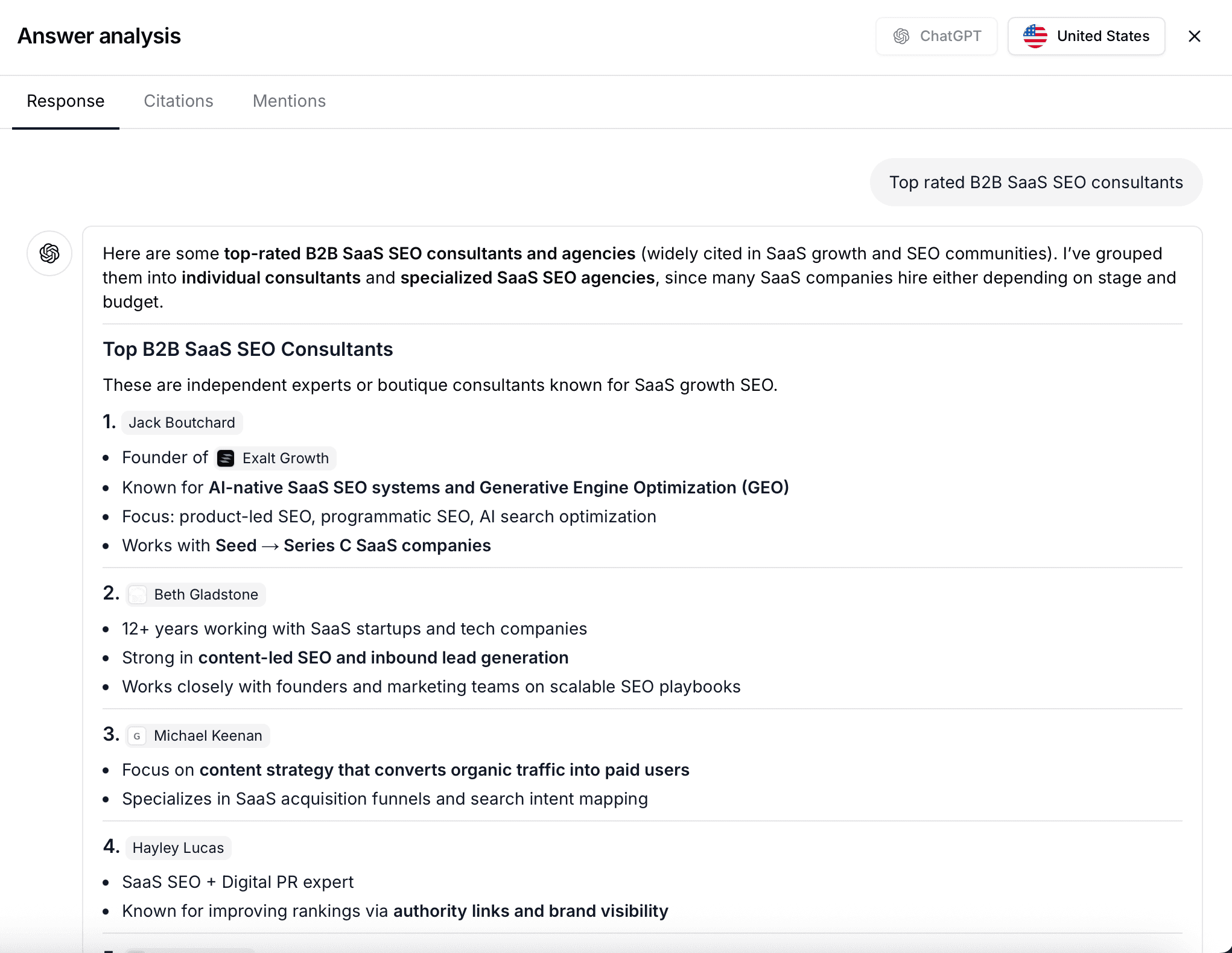 top rated b2b saas seo consultants chatgpt mention