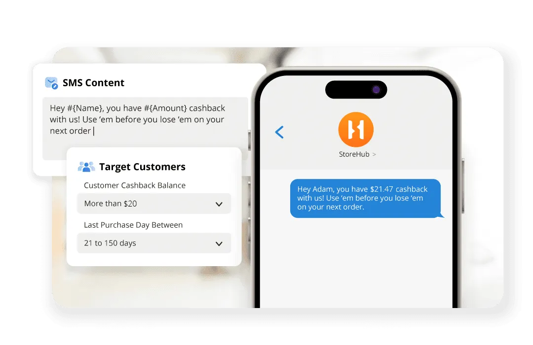 A smartphone displaying a personalised cashback SMS sent through StoreHub CRM based on customer segmentation.