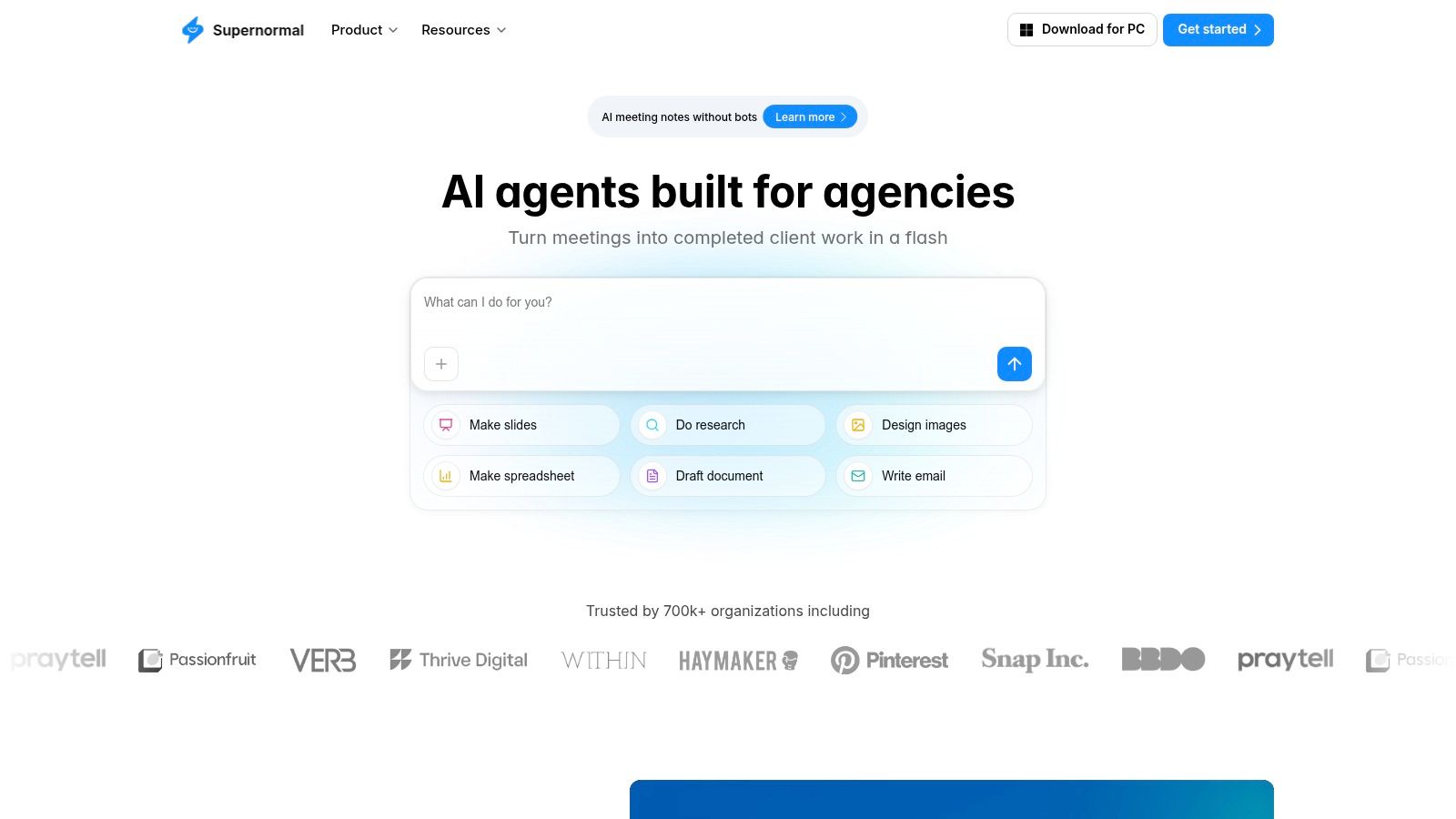 Supernormal user interface showing a structured meeting summary with key decisions and action items.