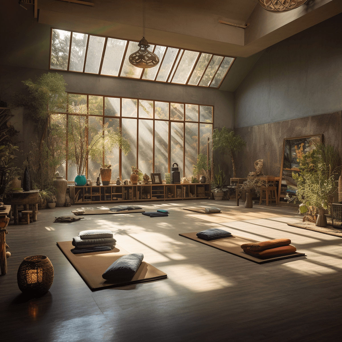 Spacious yoga studio with large windows, yoga mats on the floor, and indoor plants in natural light