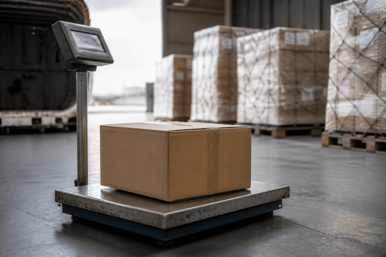 A parcel on a weighing scale at an air freight terminal, with pallets stacked behind