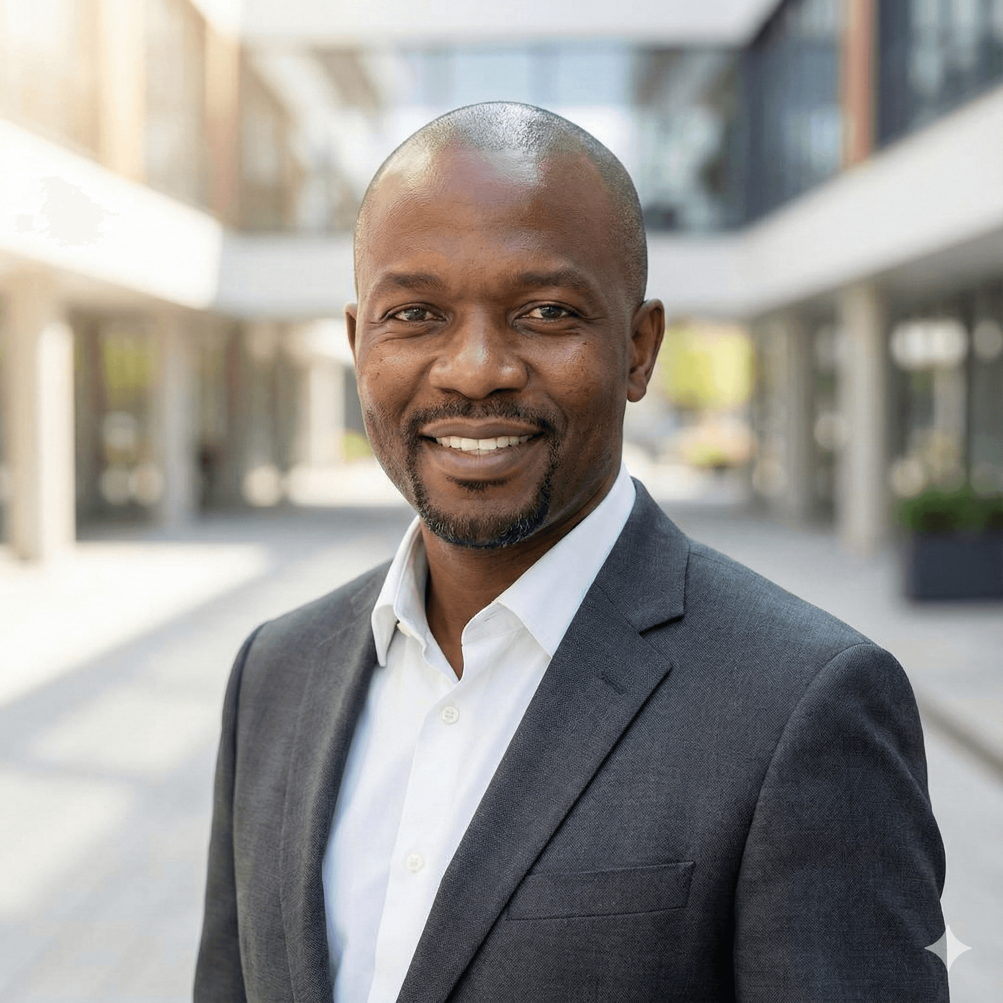 A smiling person with curly hair sits at a desk, looking at a laptop against a dark background.