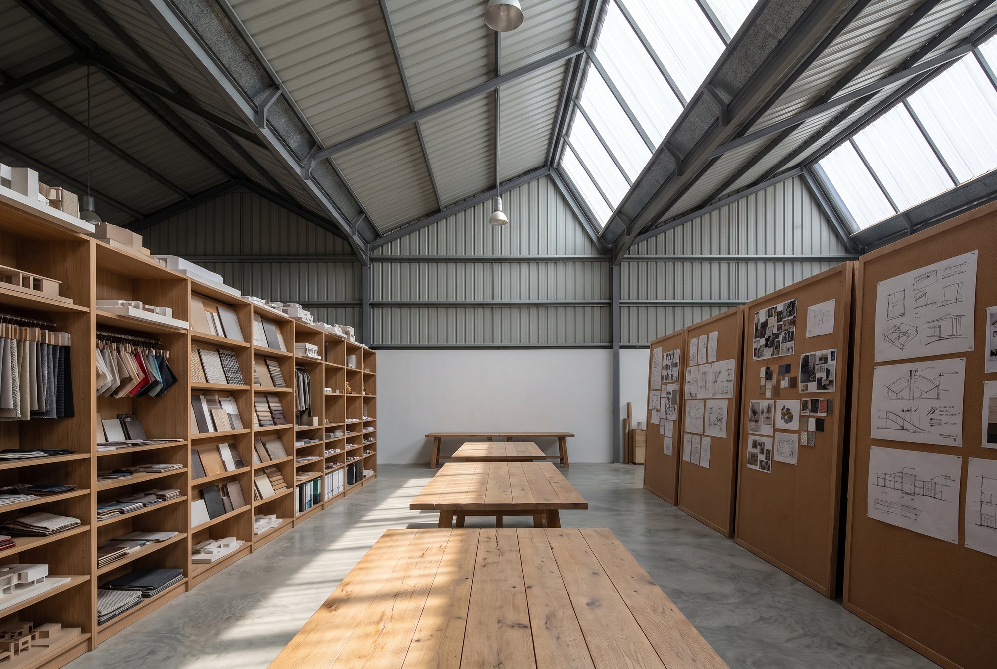 The studio in a converted warehouse with long oak tables