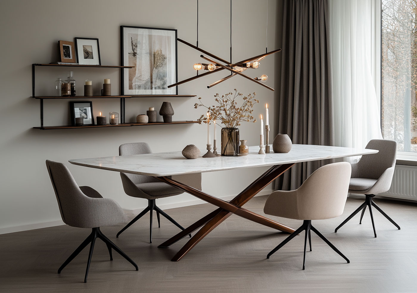 Ein modernes Esszimmer mit einem Marmortisch, beigen Drehstühlen, minimalistischer Einrichtung, Wandkunst, Regalen mit Kerzen und Vasen und einem großen Fenster mit transparenten Vorhängen, die natürliches Licht hereinlassen, wird in dieser 3D-Darstellung wunderschön eingefangen.