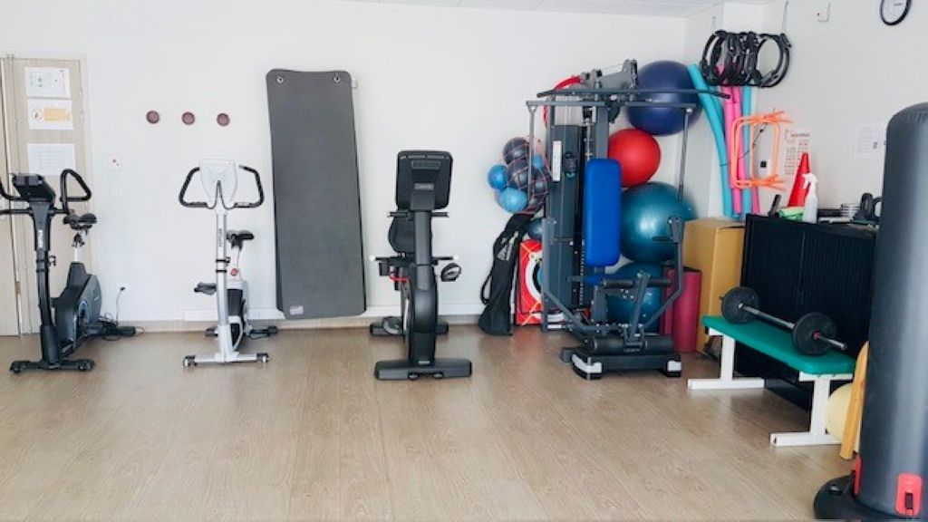 Entrance hallway with white walls and polished floors, featuring blue and red decorative sculptural display, modern clinical facility entrance