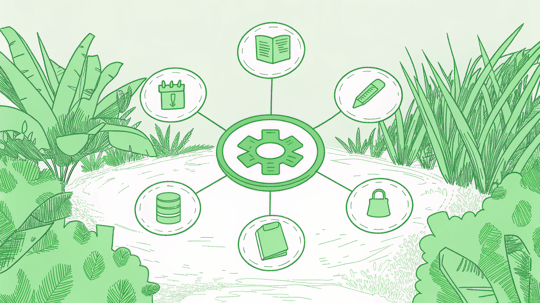 Six insurance agency workflow zones radiate from a central hub, spotlighting payment collection