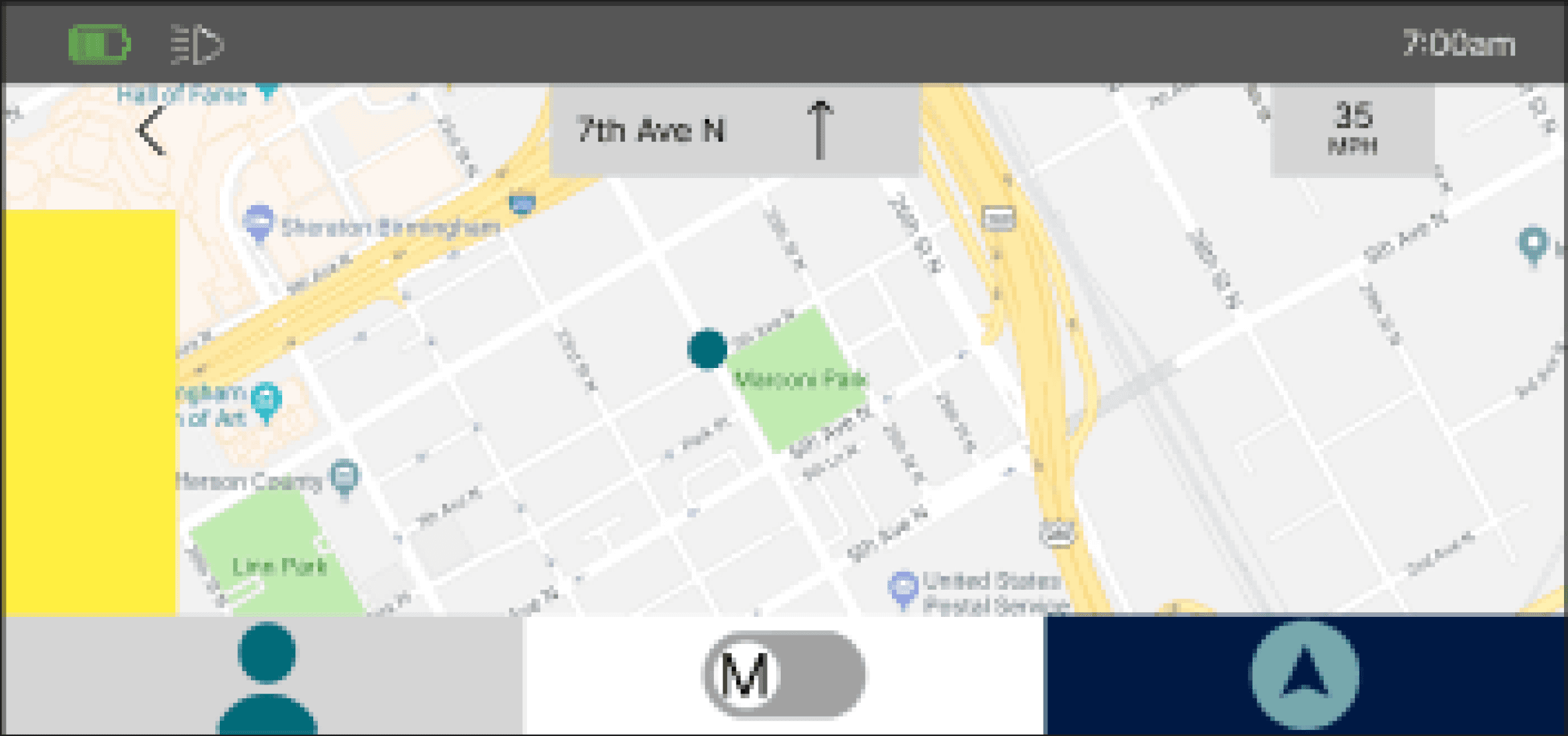 Wireframe of navigation screen, with a map of Pittsburgh occupying most of the screen, directional information in the top of the frame, and a yellow rectangle for blindspot warning at the bottom left edge
