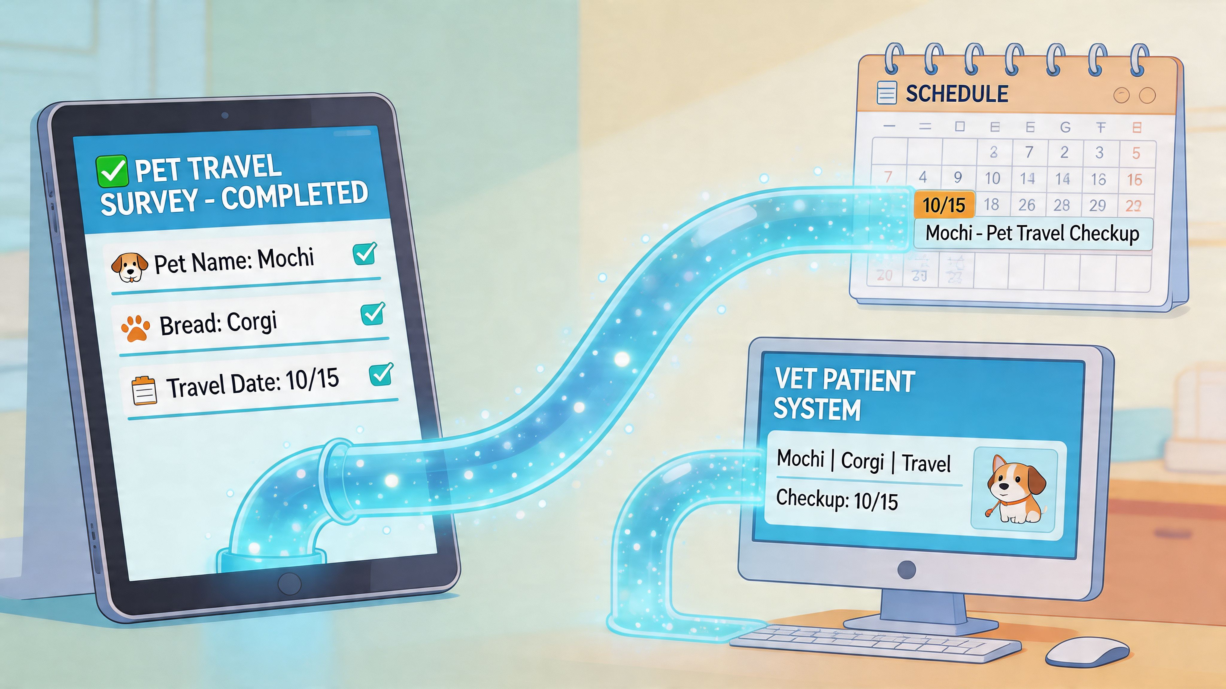 A tablet displays a completed pet travel survey being digitally transferred into a veterinary schedule and patient system.