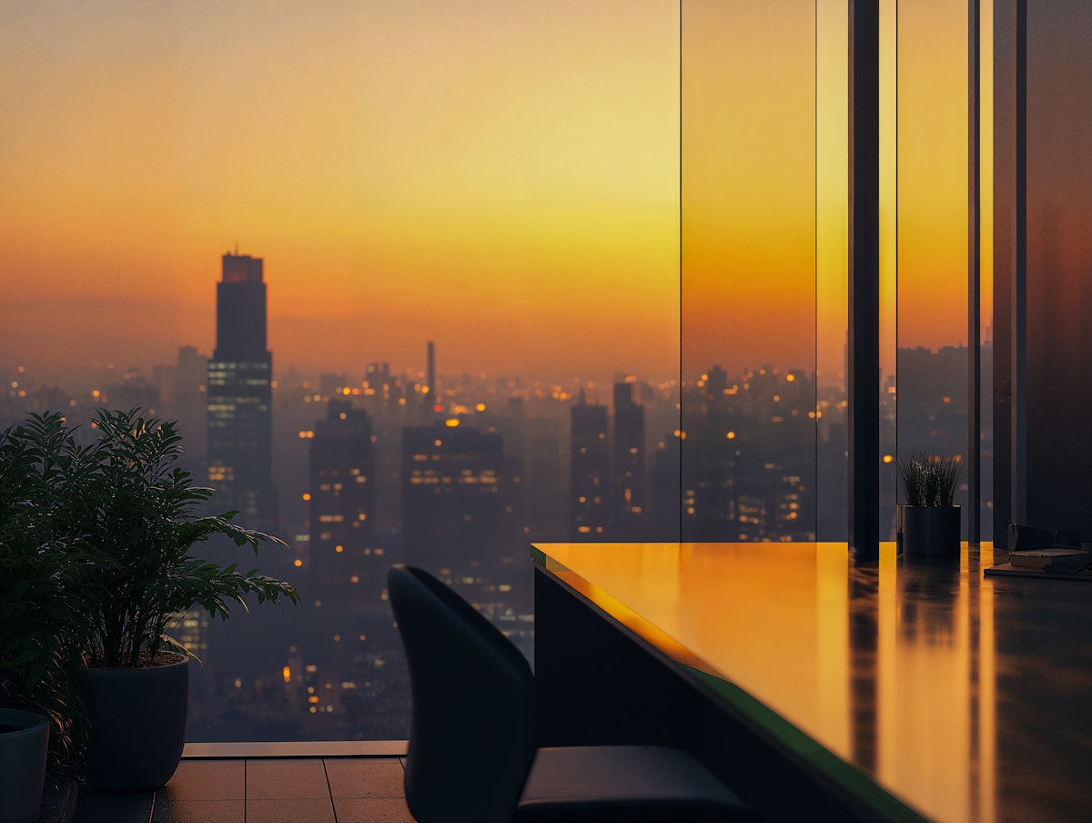 A city skyline at sunset, with warm orange hues, viewed from a modern interior setting.