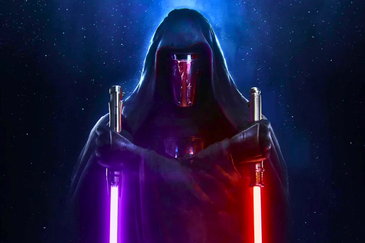 Darth Revan, shrouded in darkness, grips both his red and purple lightsabers, symbolizing his mastery of both the light and dark sides of the Force.