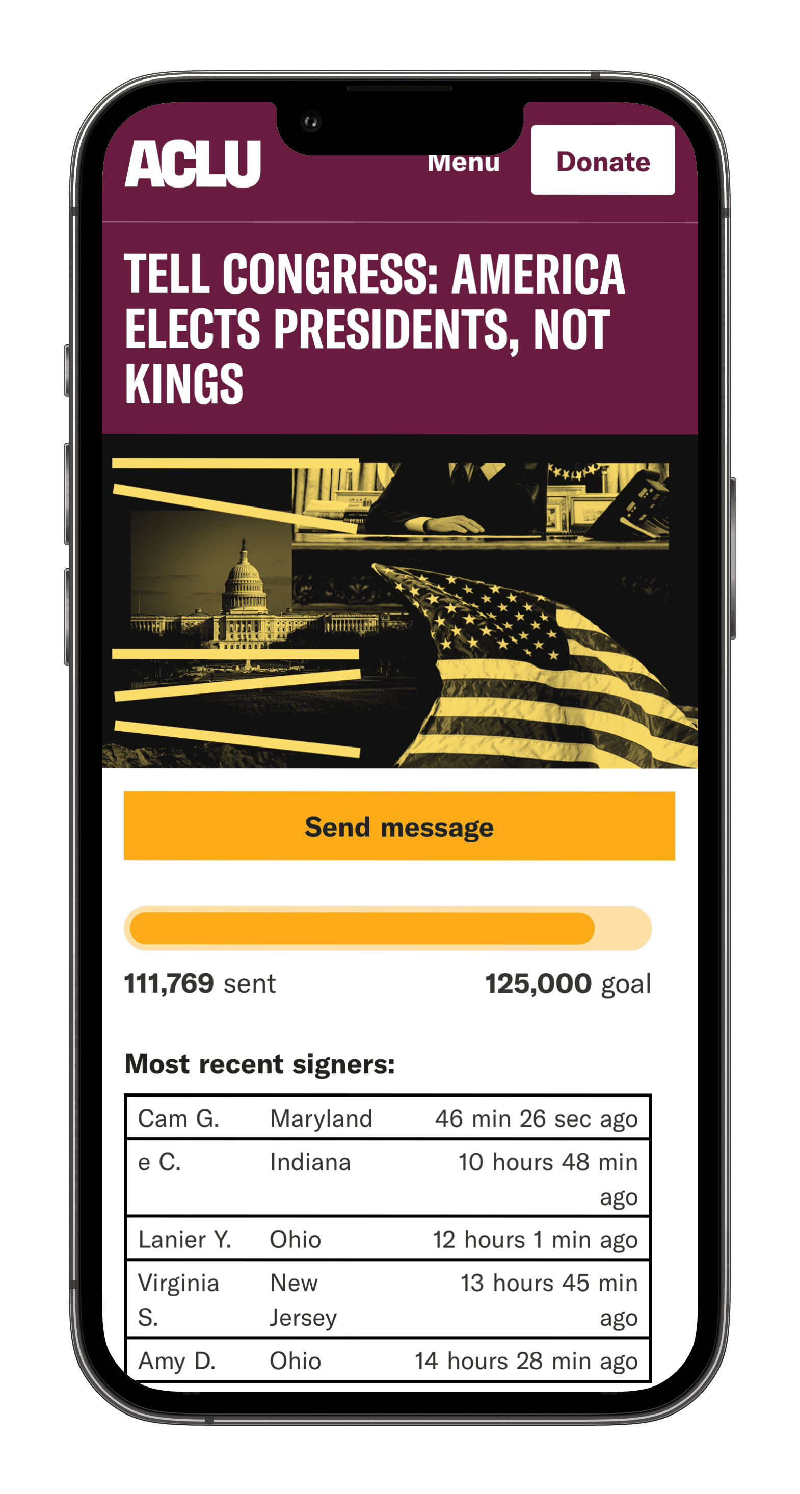 mobile image of ACLU message actions sign up form experience