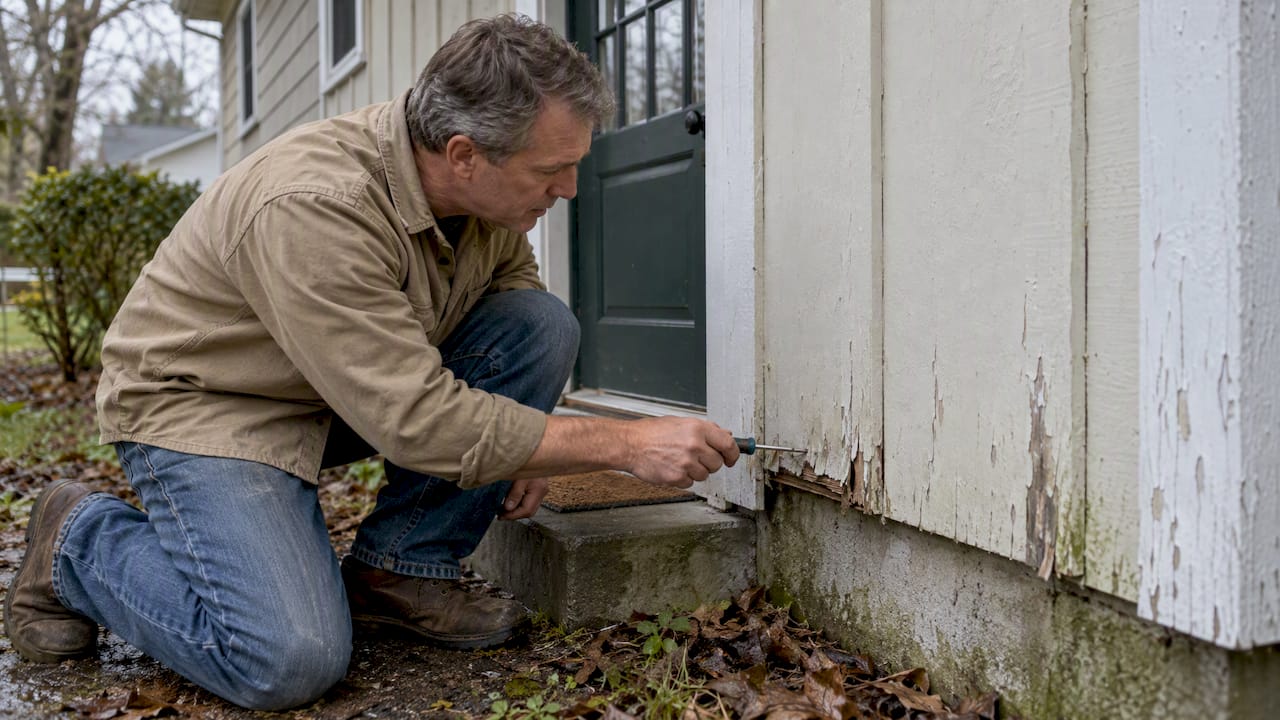Homeowner checking lower siding for rot