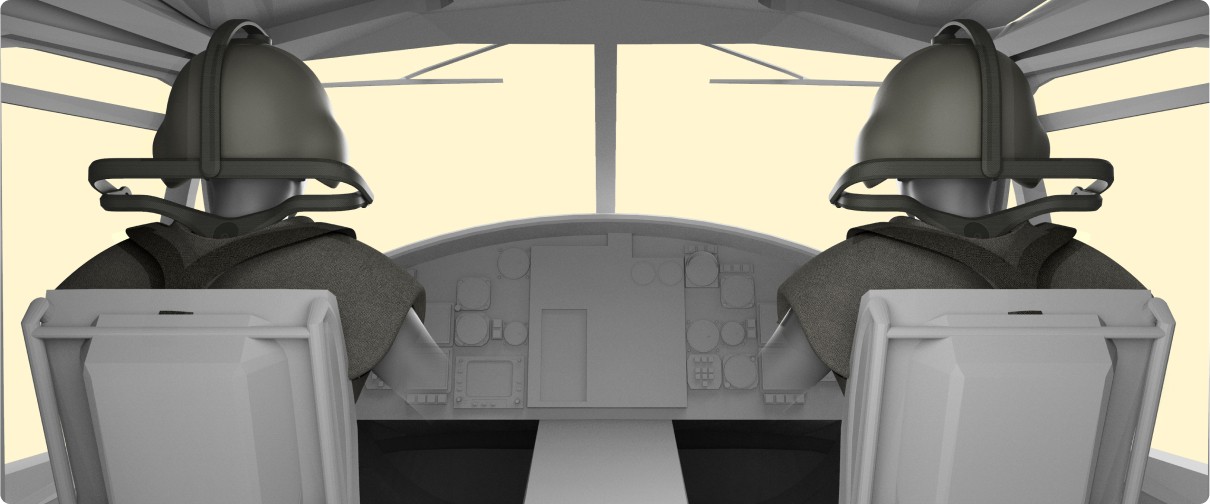 Renders of users in an aircraft, wearing a neck support exoskeleton, showing no interference with their tasks and maintaining optimal posture and comfort during flight operations.