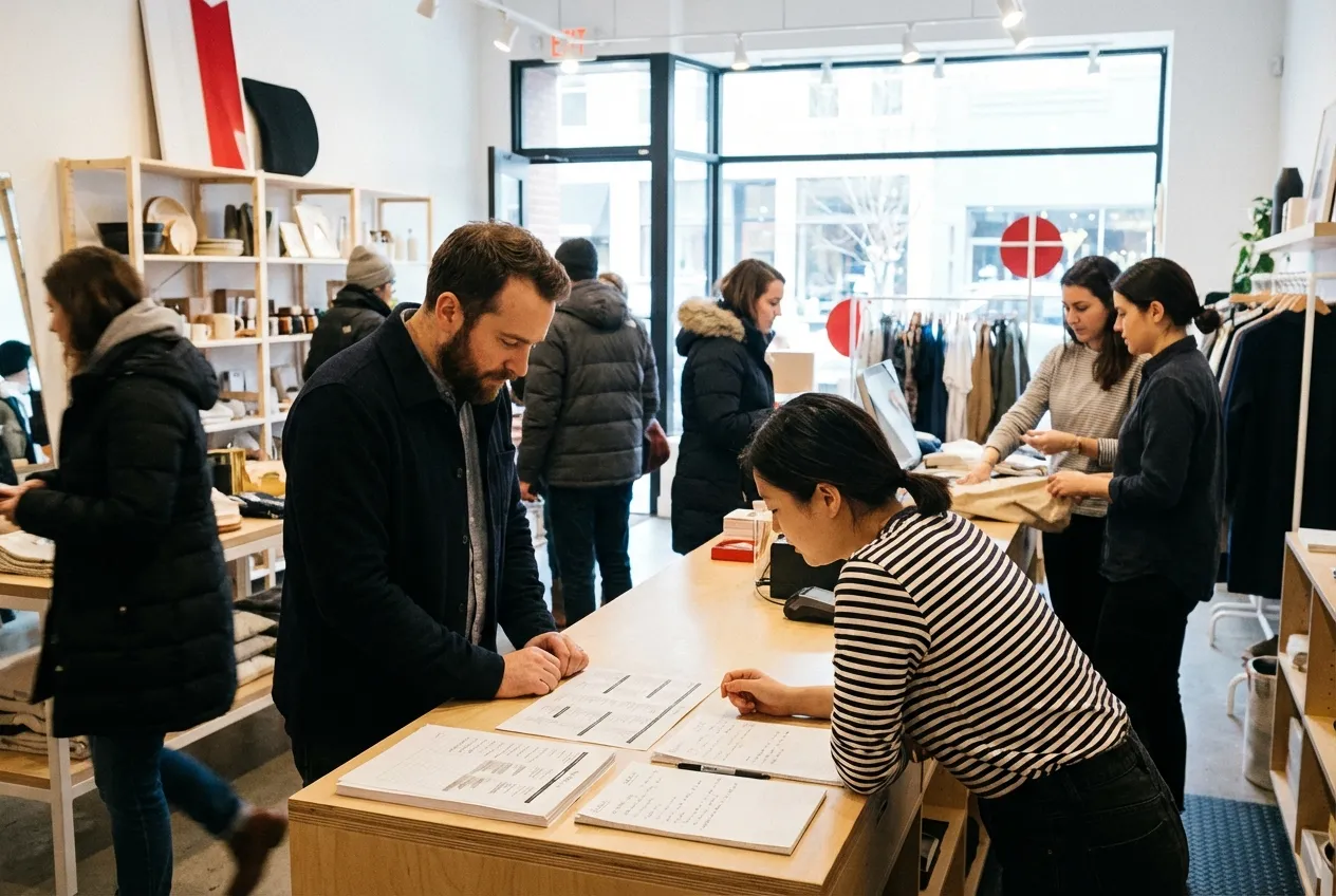 People working in a cozy shop, RockN' Socials Digital Marketing Agency.