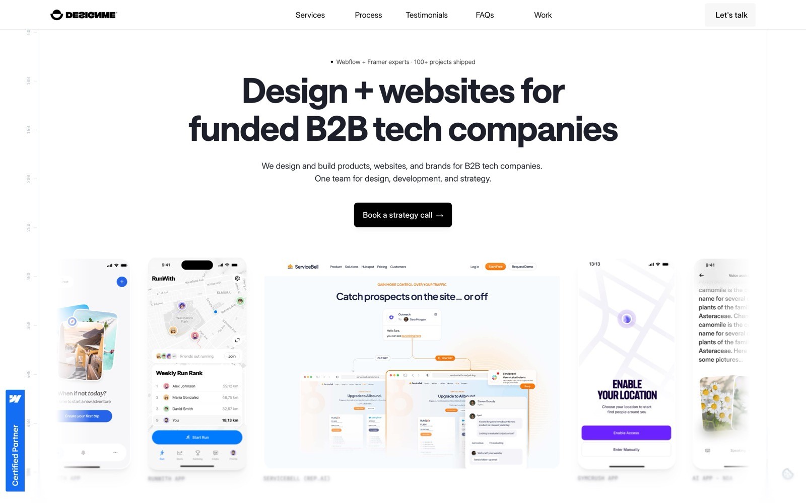 The image showcases a webpage design for a company offering design and websites specifically for funded B2B tech companies, featuring a sleek layout with diverse digital product mockups and a prominent call-to-action button for booking a strategy call.