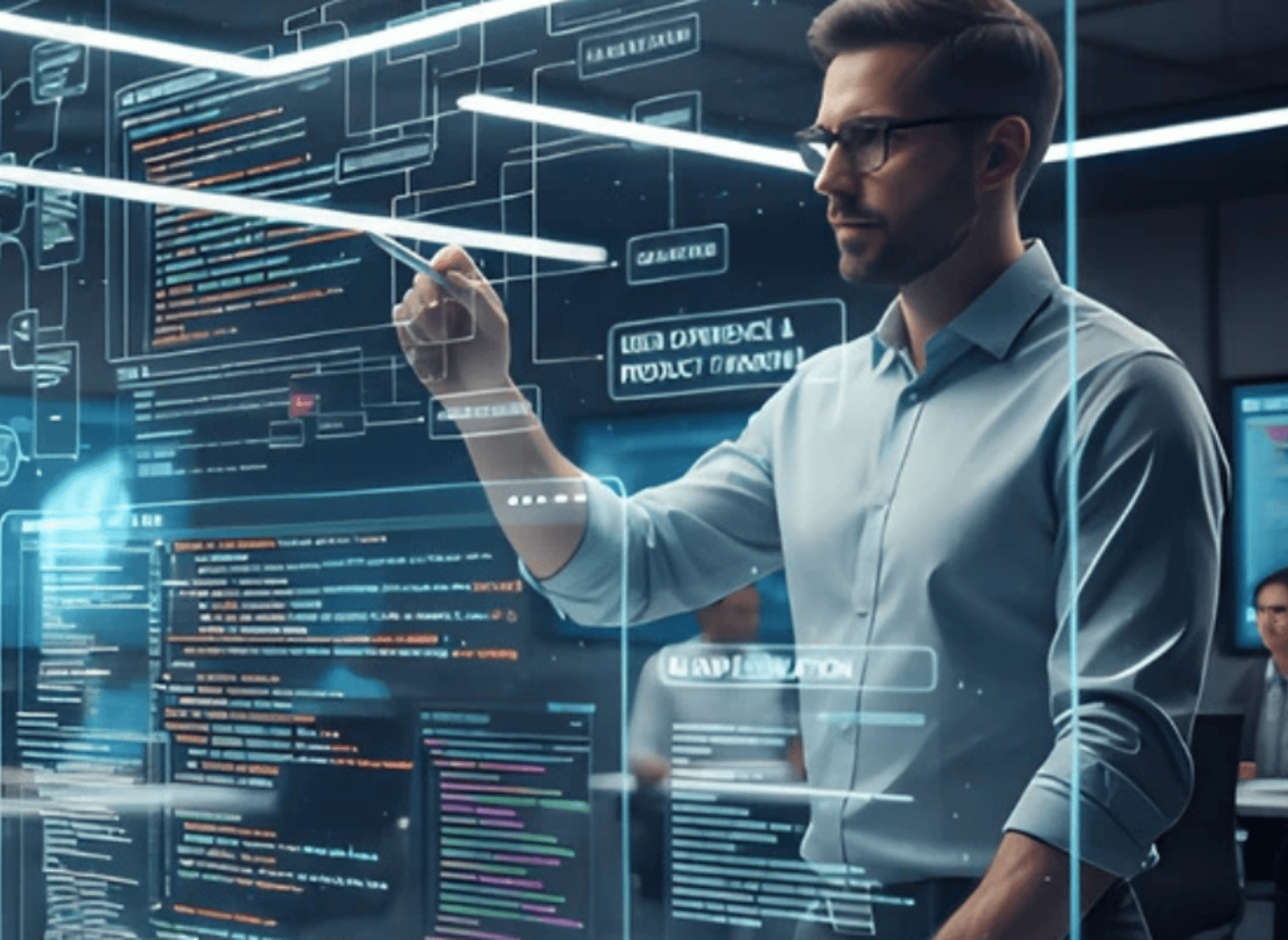 A visual representation of a developer working with AI, showing the human focusing on strategy and architecture while AI handles implementation.