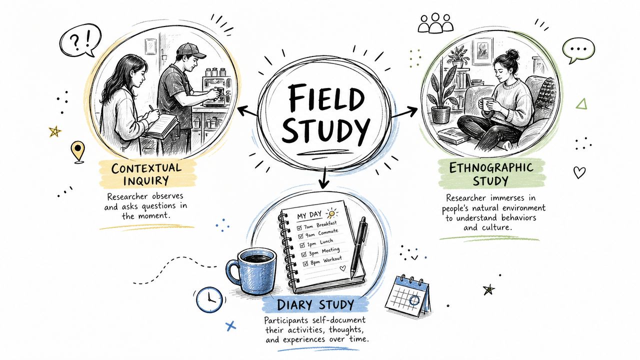 A hand-drawn illustration explaining different types of field studies including contextual inquiry, ethnographic study, and diary study.