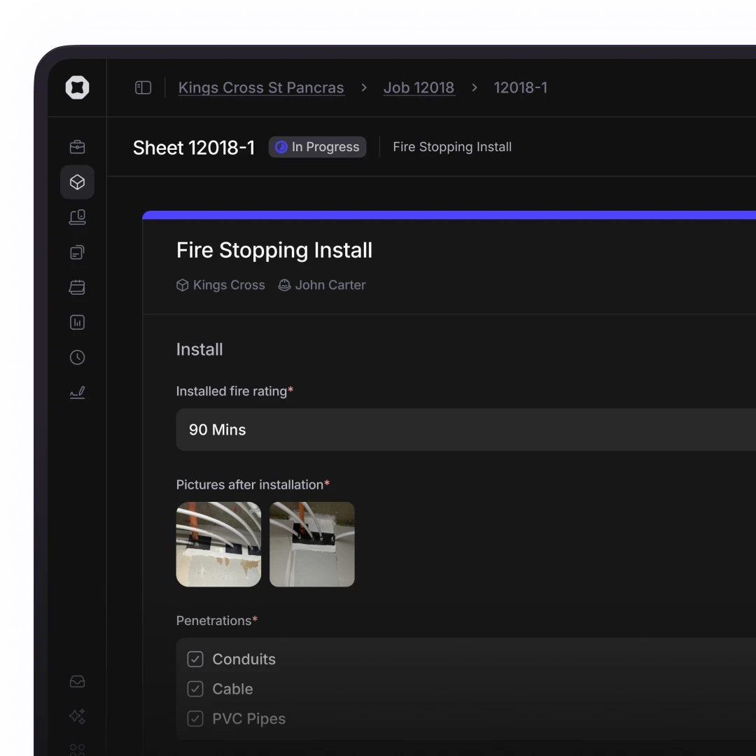 In dark mode, a close-up of a job sheet for an in-progress installation. Two photos of the work done are attached as evidence. 
