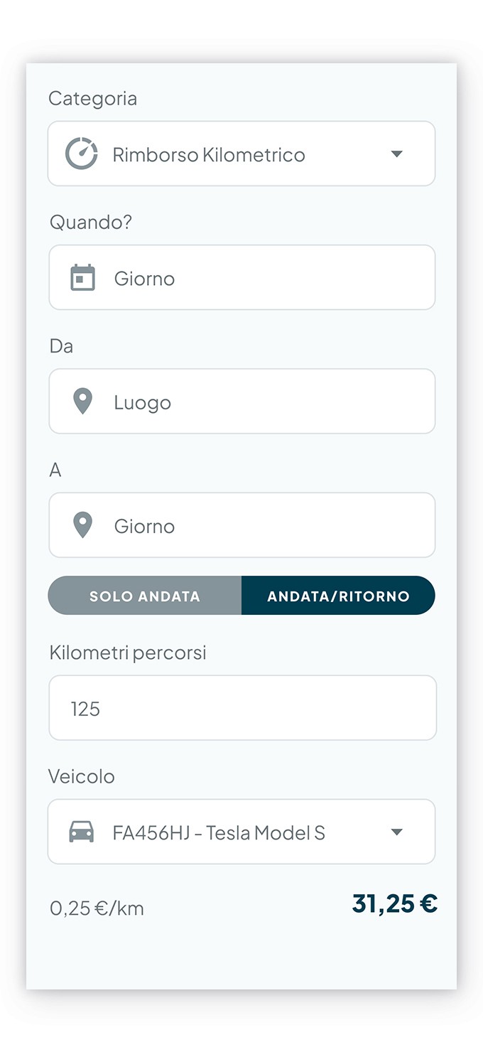 Schermata di Fluida dove sono dettagliate le varie voci di nota spese da inserire per il rimborso chilometrico come luogo di partenza, luogo di arrivo, i km percorsi e la tipologia del veicolo 