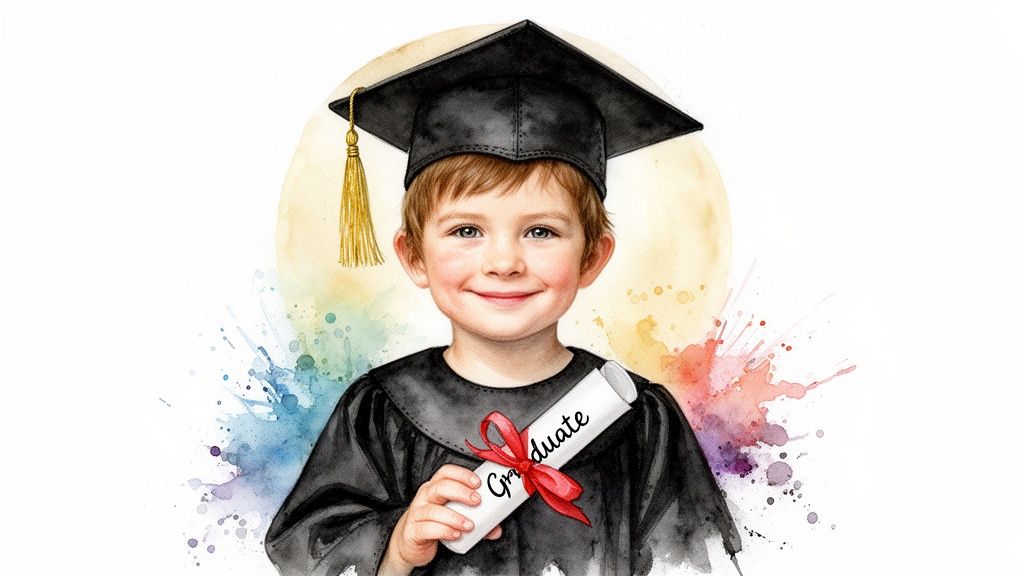 Watercolor illustration of a smiling young boy in graduation cap and gown holding a diploma.