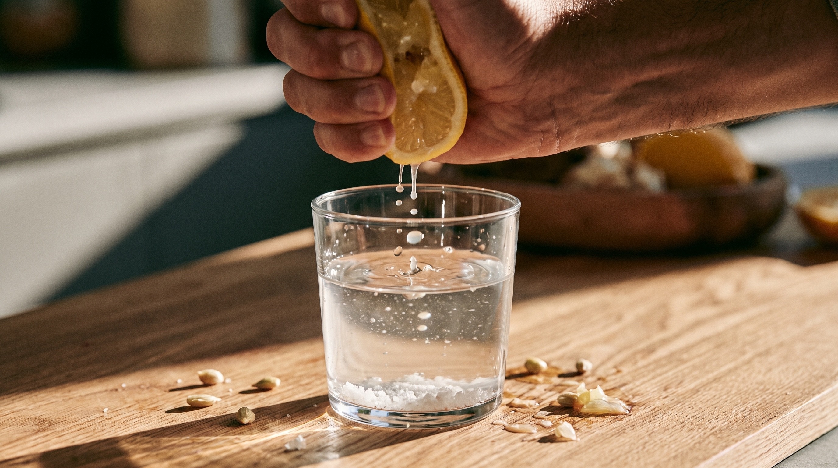 Hand presst eine halbe Zitrone über ein Glas Wasser mit Salz
