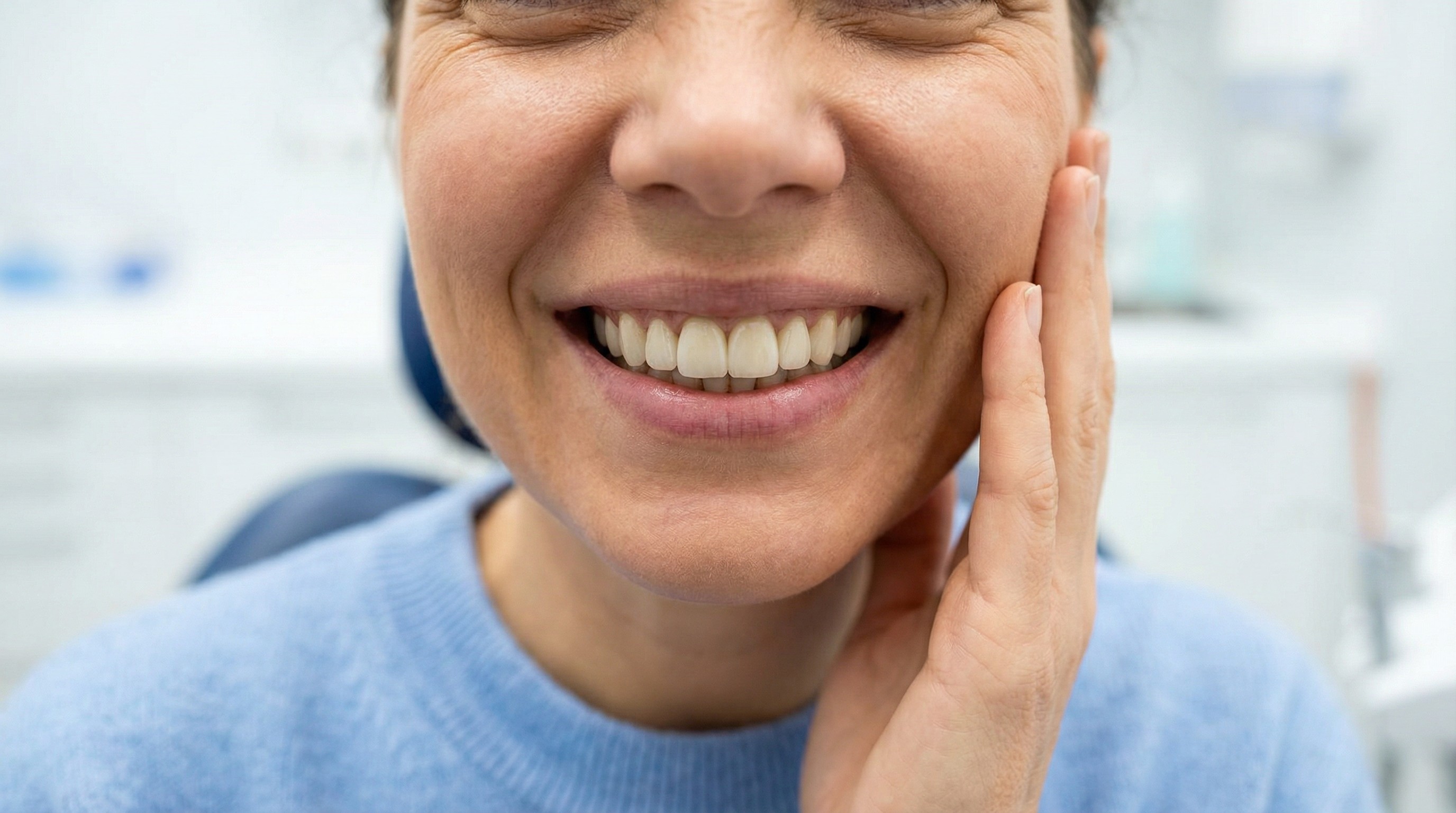 A patient's smile with temporary teeth placed after a dental implant procedure, highlighting the convenience and emotional impact of this innovative solution.