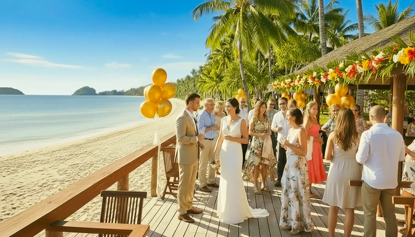 Bride and groom celebrating with guests at their wedding on a deck overlooking the ocean at Uprising Beach Resort