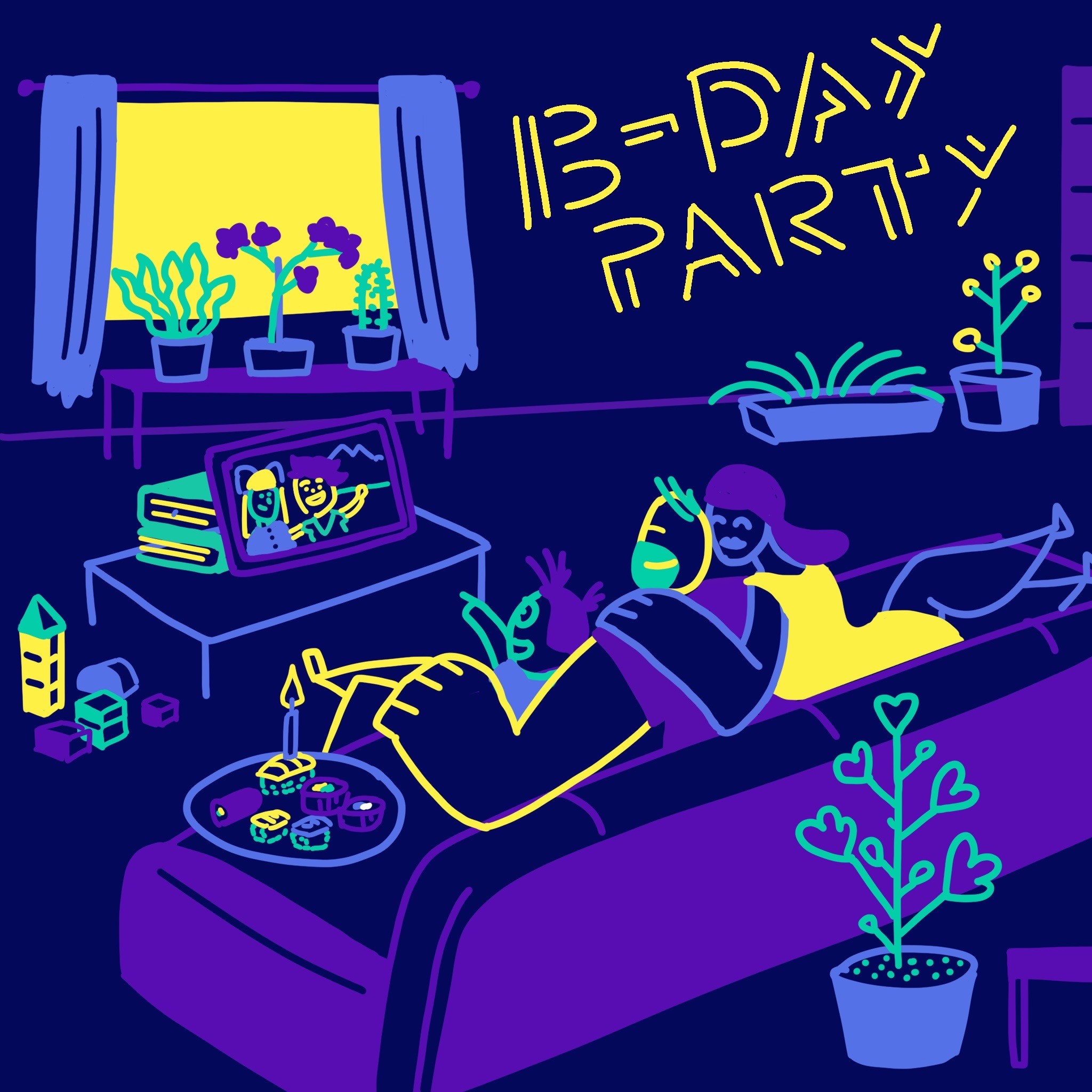 Funny illustration that shows a family enjoying a birthday together during lockdown times.