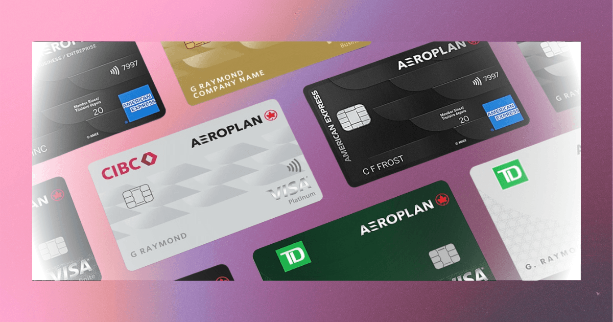 Aeroplan credit cards on a purple background