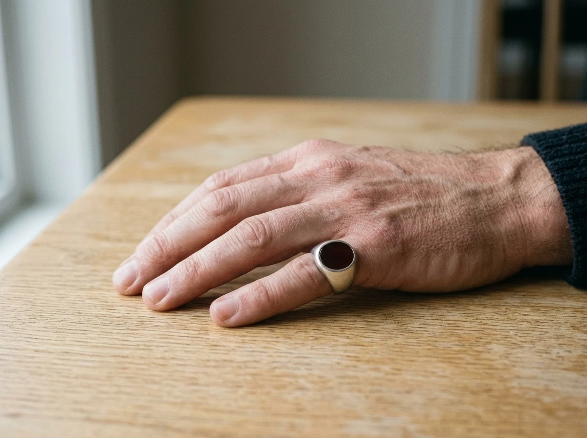 Carnelian signet ring on pinky finger