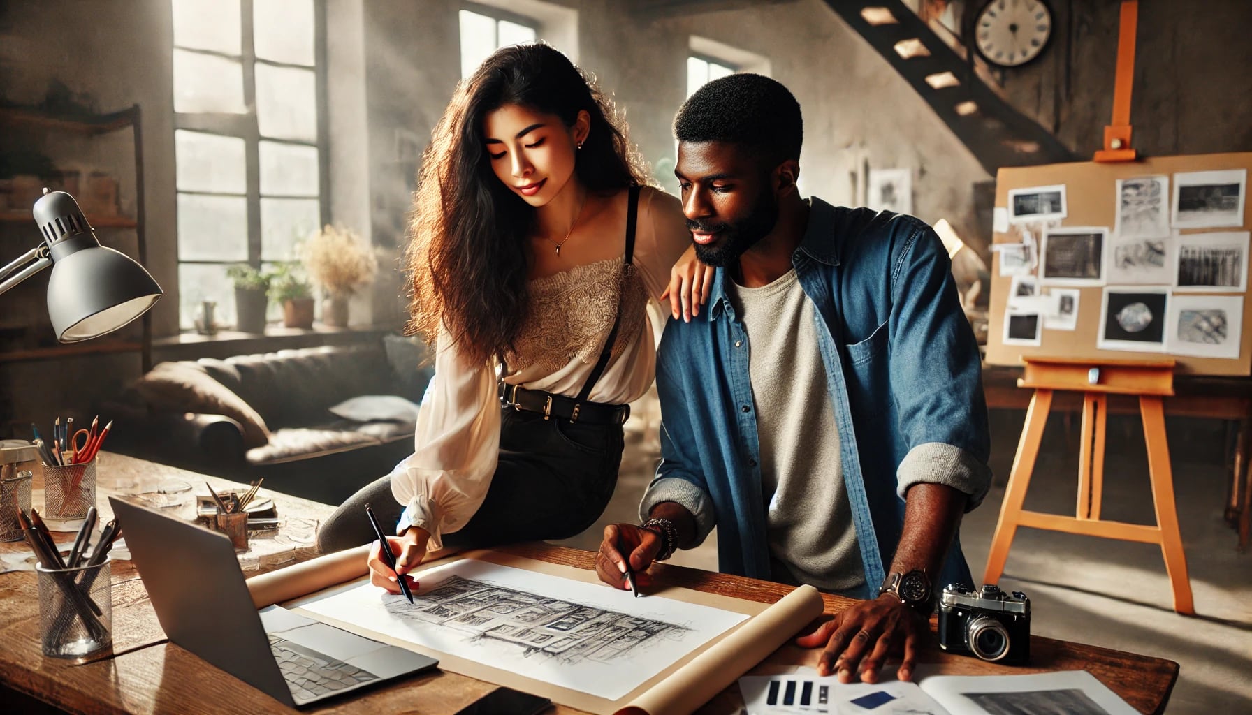 Uma designer mulher e um designer homem trabalhando juntos em um estúdio de design. Ambos estão vestidos com roupas casuais e criativas, colaborando em um projeto com esboços e um laptop à sua frente. O estúdio possui materiais de design, mood boards e luz natural entrando pelas janelas. Ambos parecem engajados e envolvidos em seu trabalho.